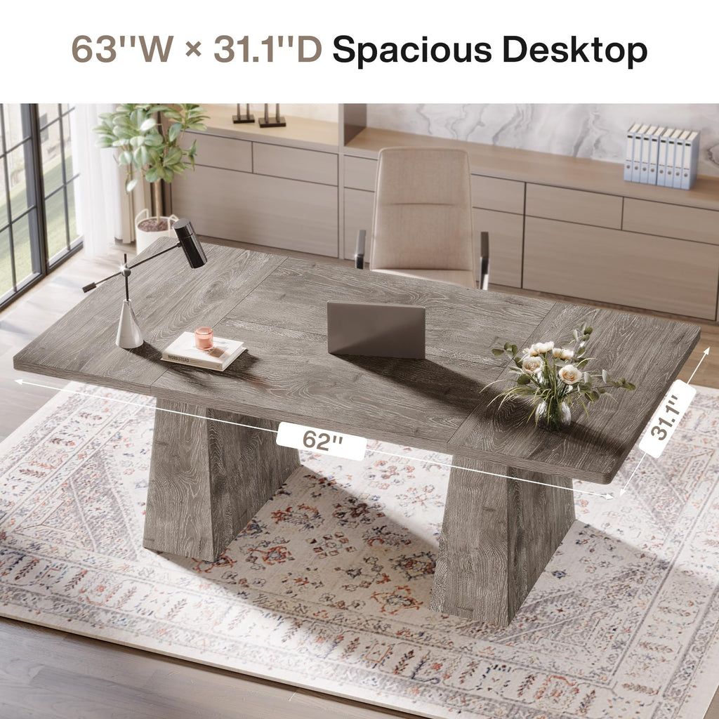 63-Inch Executive Desk, Large Office Computer Desk with Double Pedestal, Modern Simple Workstations Writing Table Conference Table Business Furniture for Home Office, Grey
