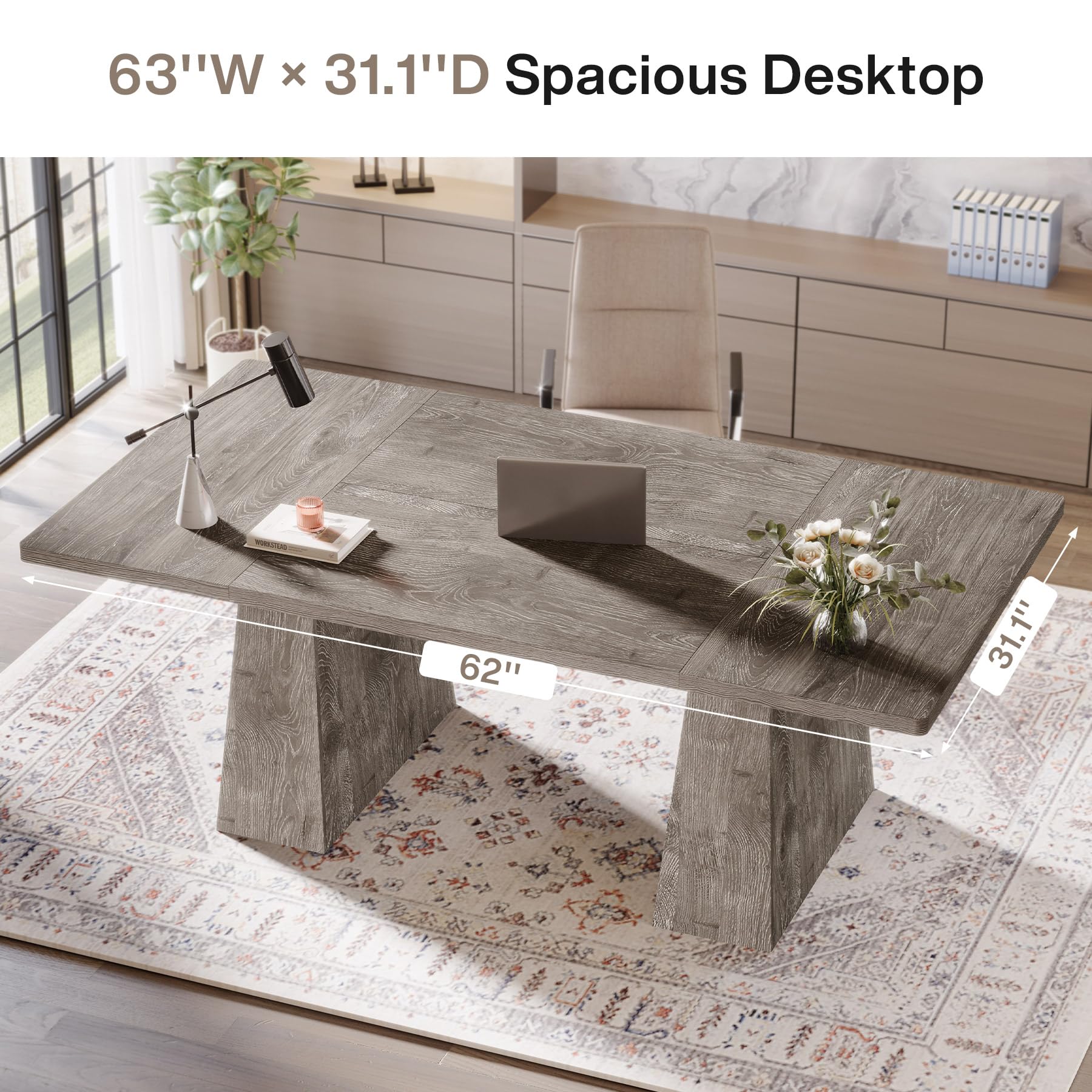 63-Inch Executive Desk, Large Office Computer Desk with Double Pedestal, Modern Simple Workstations Writing Table Conference Table Business Furniture for Home Office, Grey
