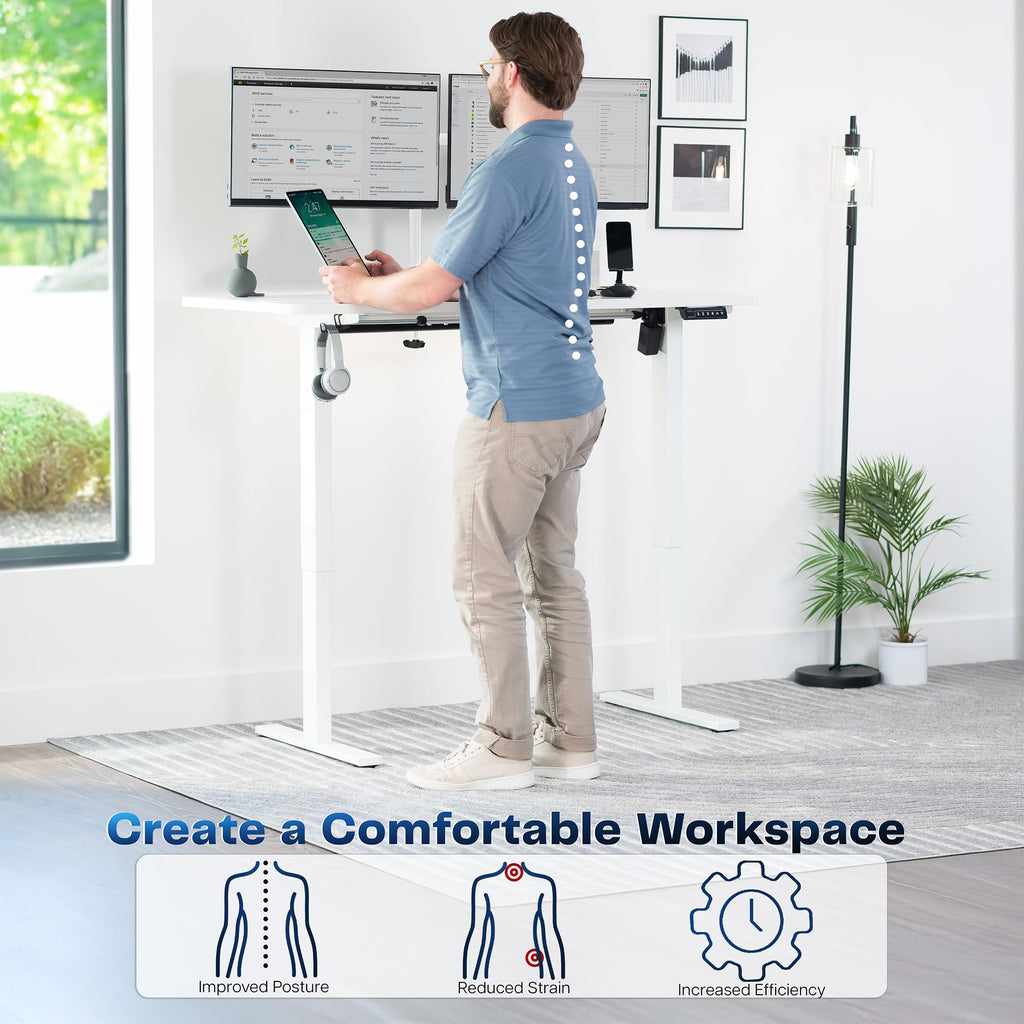 Electric 55 x 28 in Standing Desk, Memory Height Adjustment, 1B Series, Holds 220 lbs, One-Piece White Top, White Frame
