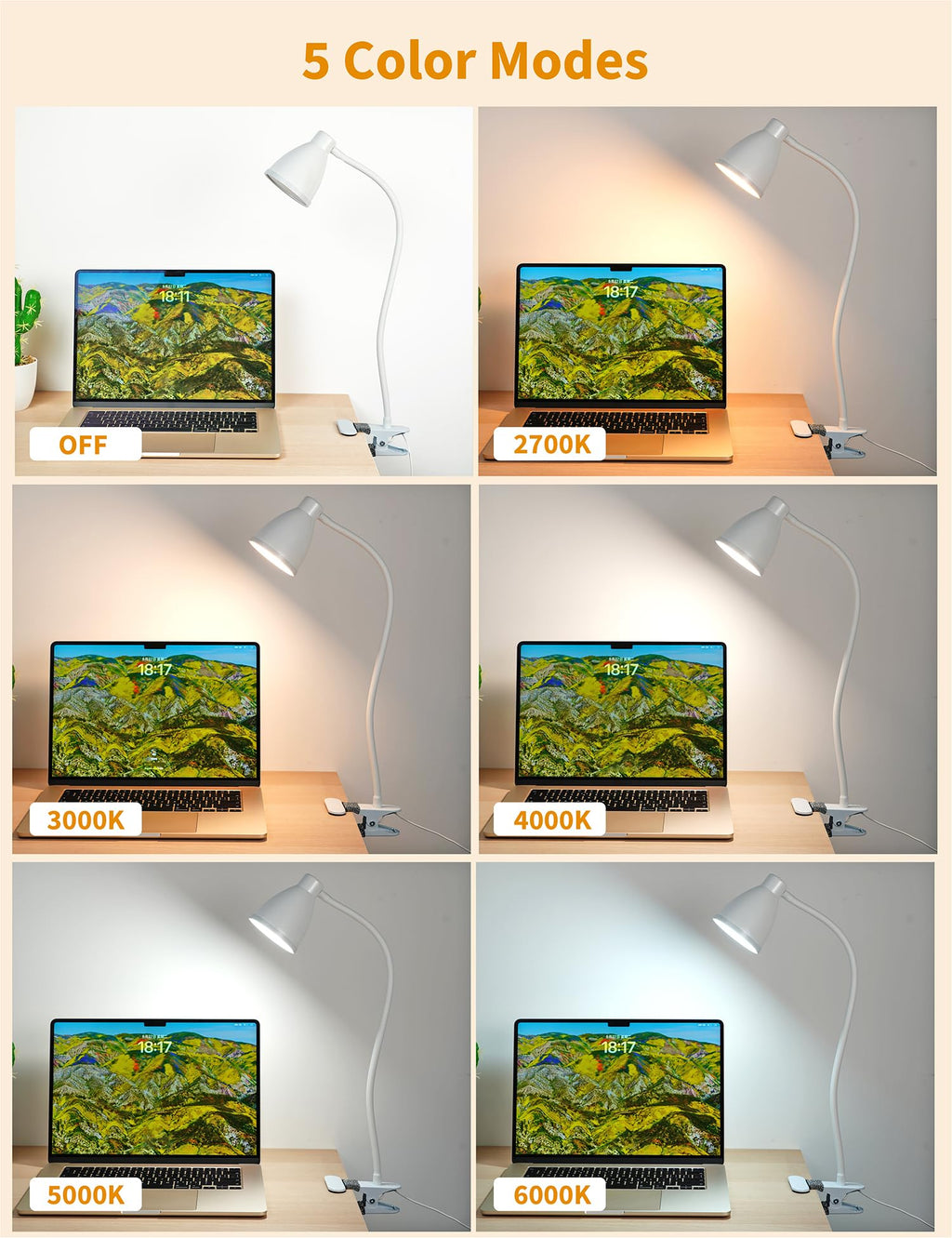 Clamp Lamp 5 Color Modes 10 Brightness Dimmer Bedside Lamp, White
