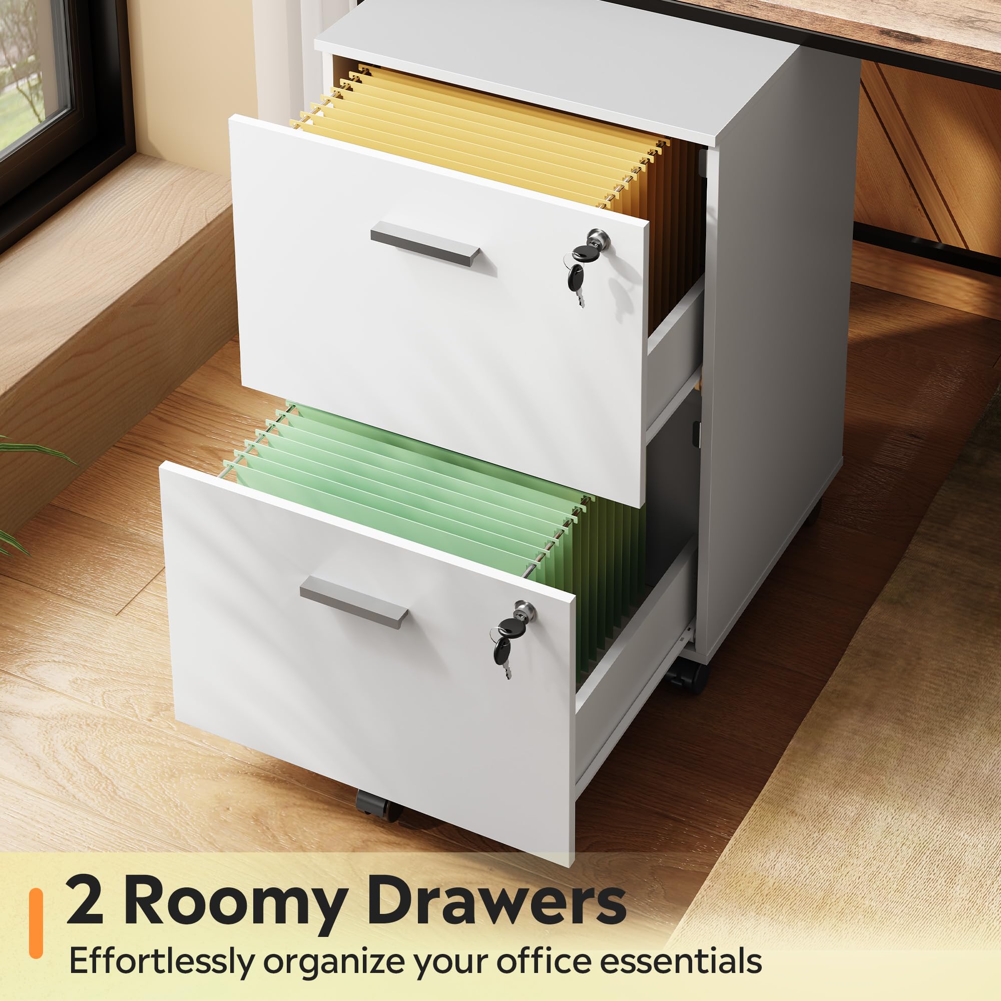 2 Drawer File Cabinet with Lock, Mobile Printer Stand, White