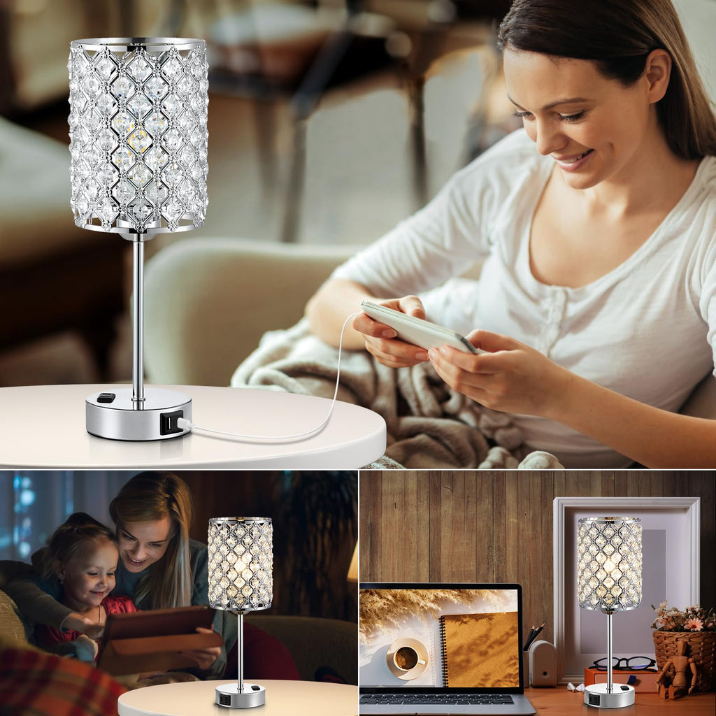 Sliver Crystal Table Lamps for Bedroom Set of 2, Nightstand Touch Lamp