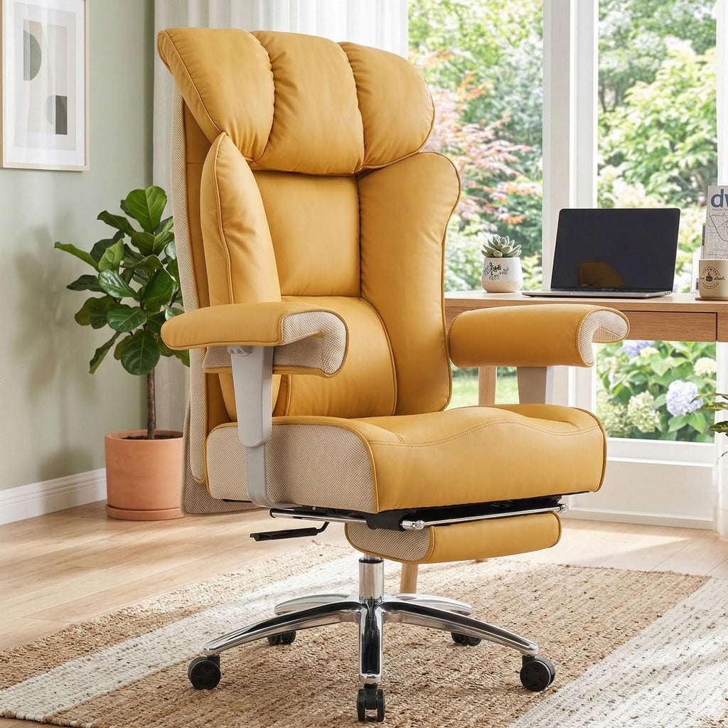 Big and Tall Green Office Chair 450LBS – Ergonomic High-Back Executive Chair with Footrest, Adjustable Padded Armrests, PU Leather Computer Chair with Lumbar Support for Home or Office, Yellow
