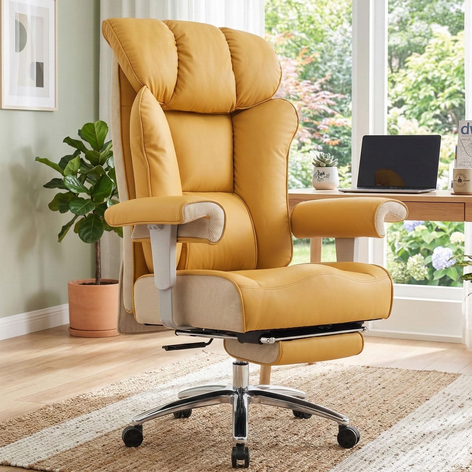 Big and Tall Green Office Chair 450LBS – Ergonomic High-Back Executive Chair with Footrest, Adjustable Padded Armrests, PU Leather Computer Chair with Lumbar Support for Home or Office, Yellow