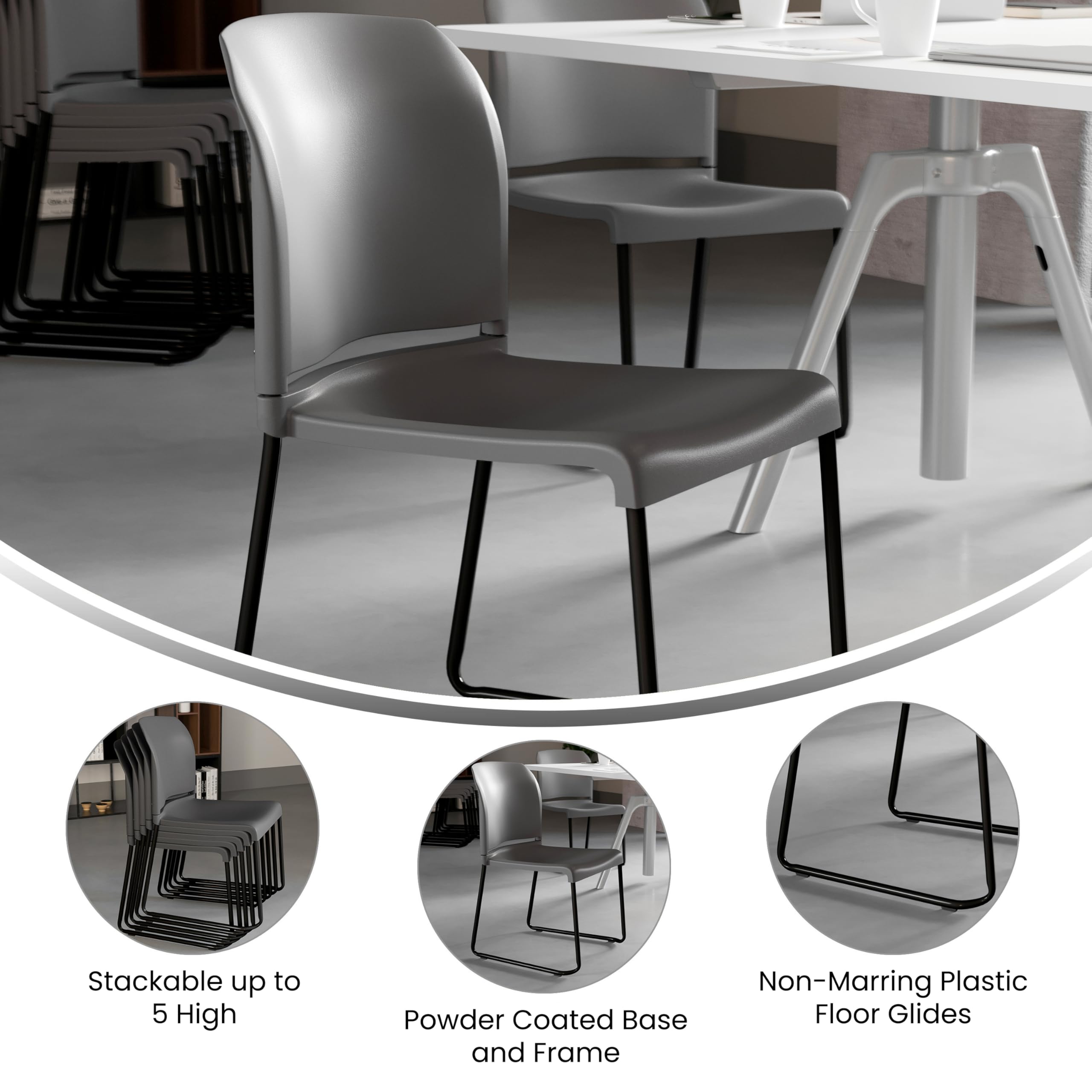 HERCULES Series 880 lb. Capacity Gray Full Back Contoured Stack Chair with Black Powder Coated Sled Base