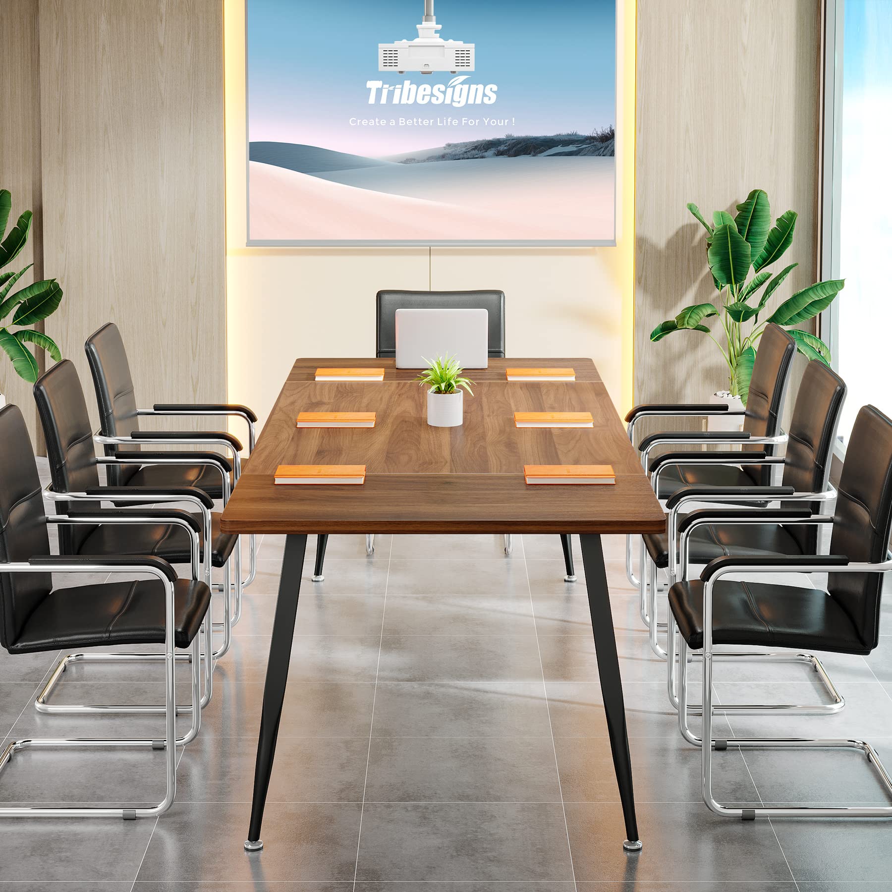 6FT Conference Table, Rectangular Meeting Room Tables, Modern Industrial Seminar Table Boardroom Desk with Metal Legs for Office, 70.8’’ L x 31.5’’ W x 29.5’’ H (Brown and Black)