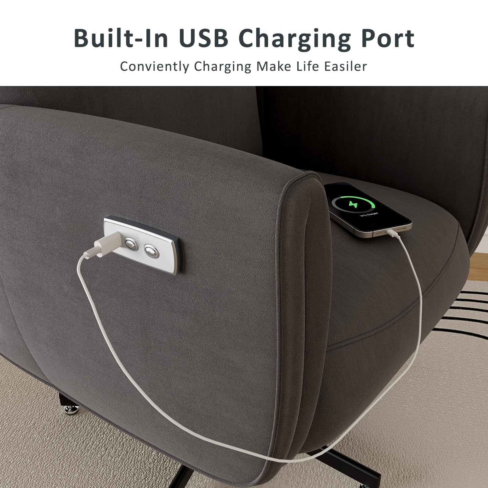 Power Swivel Recliner Chair, Modern Electric with USB & Type-C Ports, Upholstered Velvet Swivel Recliner Chair, 360° Swivel for Office & Living Room, Easy Assembly (Dark Gray)