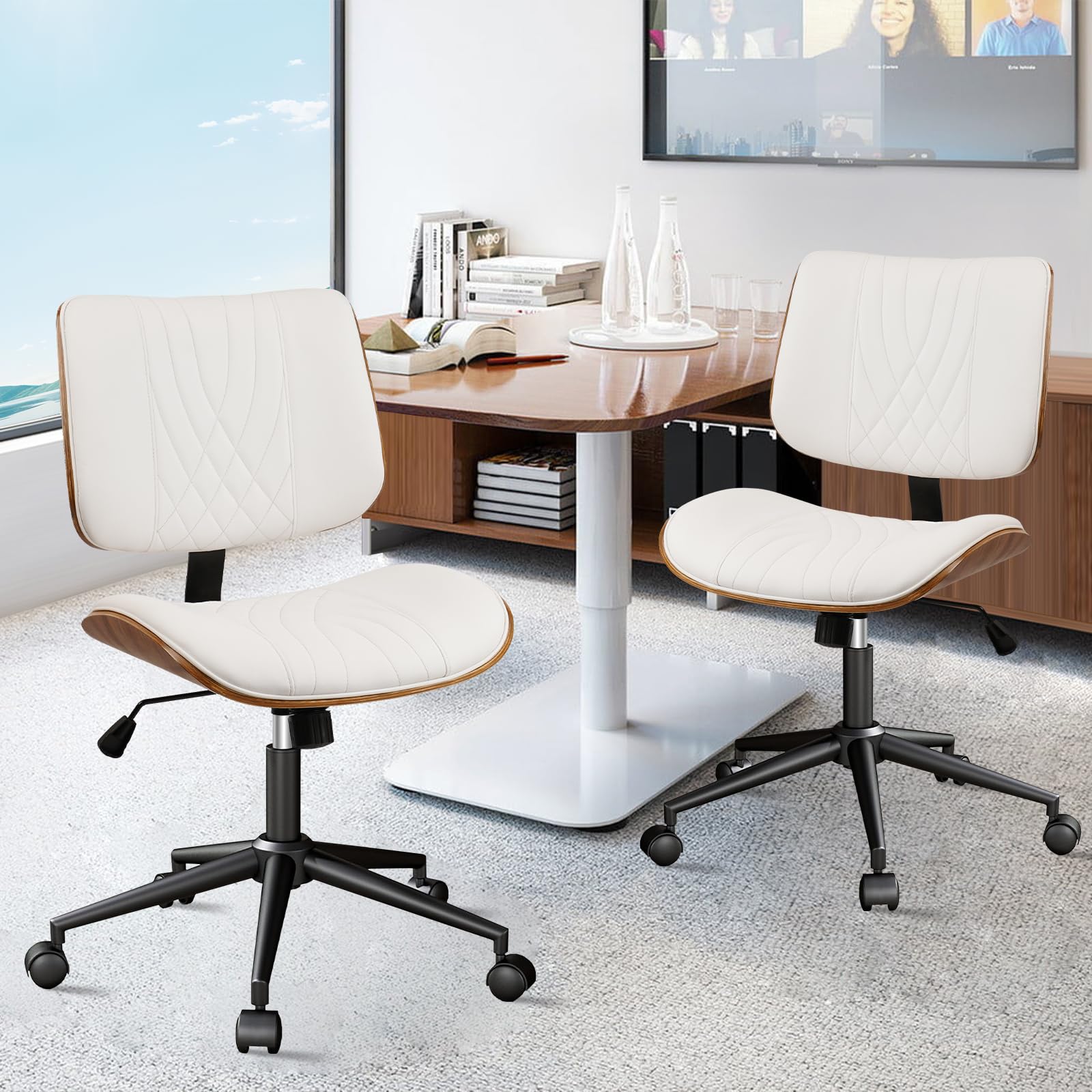 Armless Home Office Chair, Desk Chair with Wheels, Adjustable Height Reading Chairs, Leather Mid Back & Swivel Computer Chairs, Modern Walnut with Back for Study Meeting Room(White) 2Pack