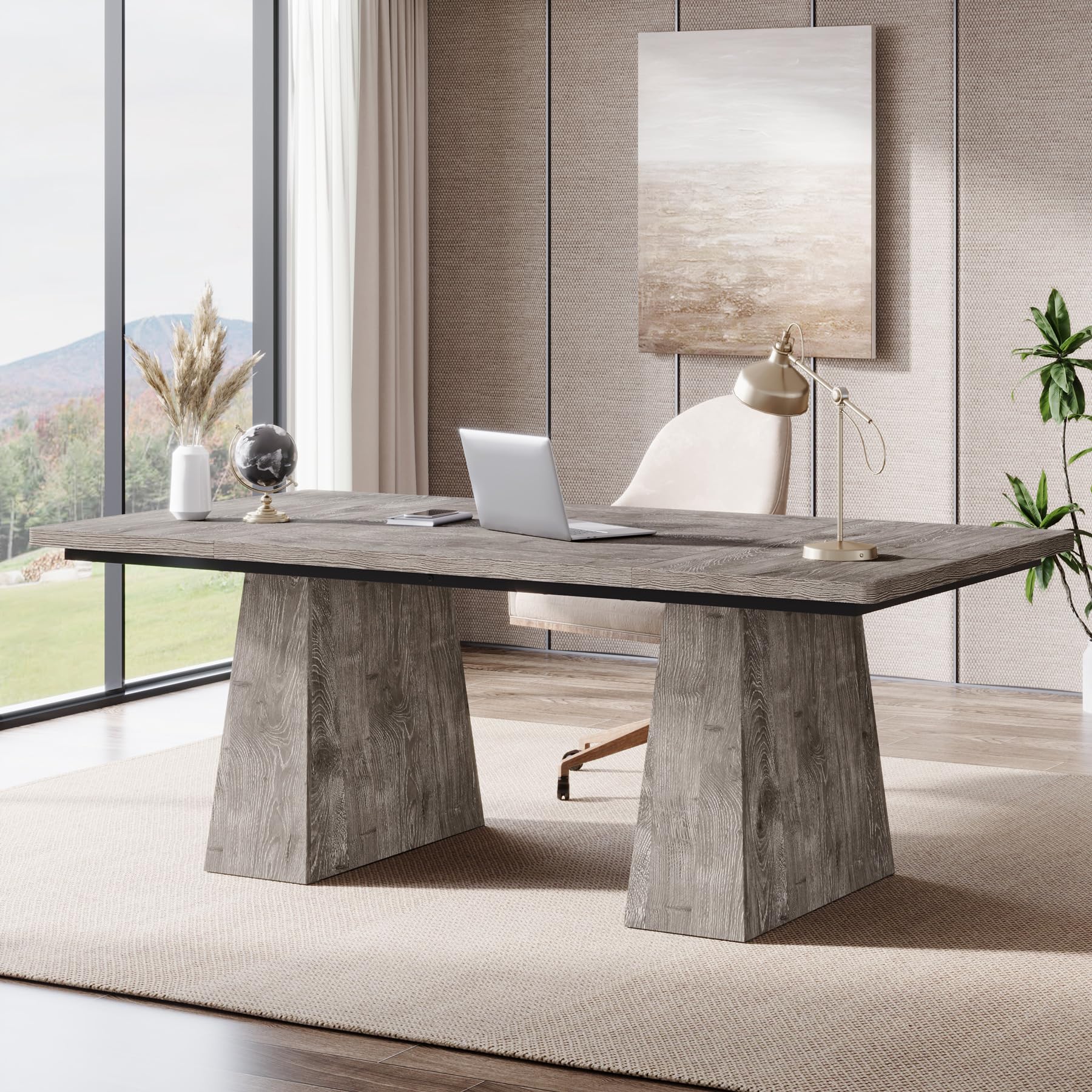 63-Inch Executive Desk, Large Office Computer Desk with Double Pedestal, Modern Simple Workstations Writing Table Conference Table Business Furniture for Home Office, Grey