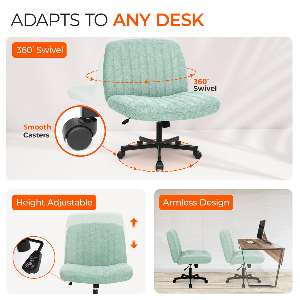 Criss Cross Chair Wheels Wide Cross Legged Office Desk Vanity Chair Comfy Fabric Armless Adjustable Swivel for Home Computer Task (Mint Wheel, Fabric)
