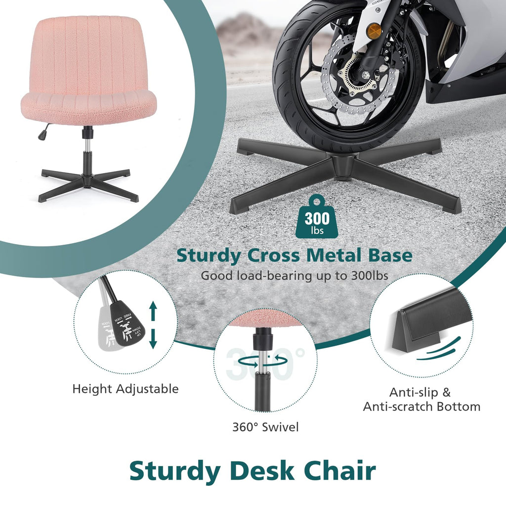 Criss Cross Chairs Legged Armless No Wheels Wide Seat Height Adjustable Swivel Rolling Padded Furry Cute Home Office Desk Seating for Bedroom, Student, Study Room