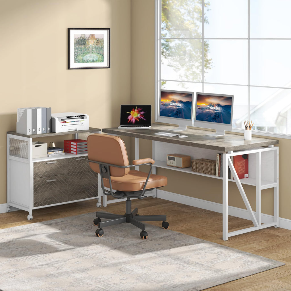 63" Executive Computer Desk and lateral File Cabinet, 2 Piece Home Office Furniture with Drawers for Hanging File, Doors with Locks (Dark Oak, 63-inches)
