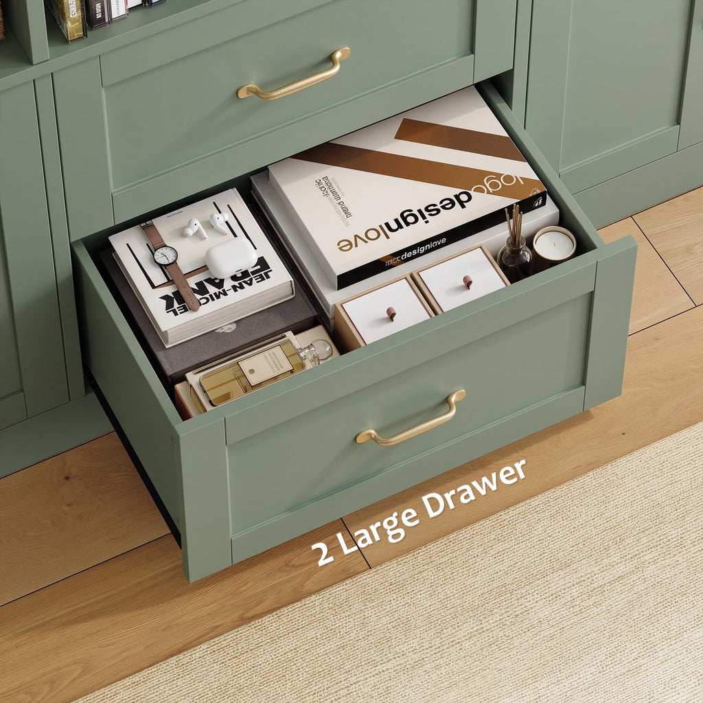 71" Tall Triple Wide Bookshelf with Storage Drawers & Doors, Green
