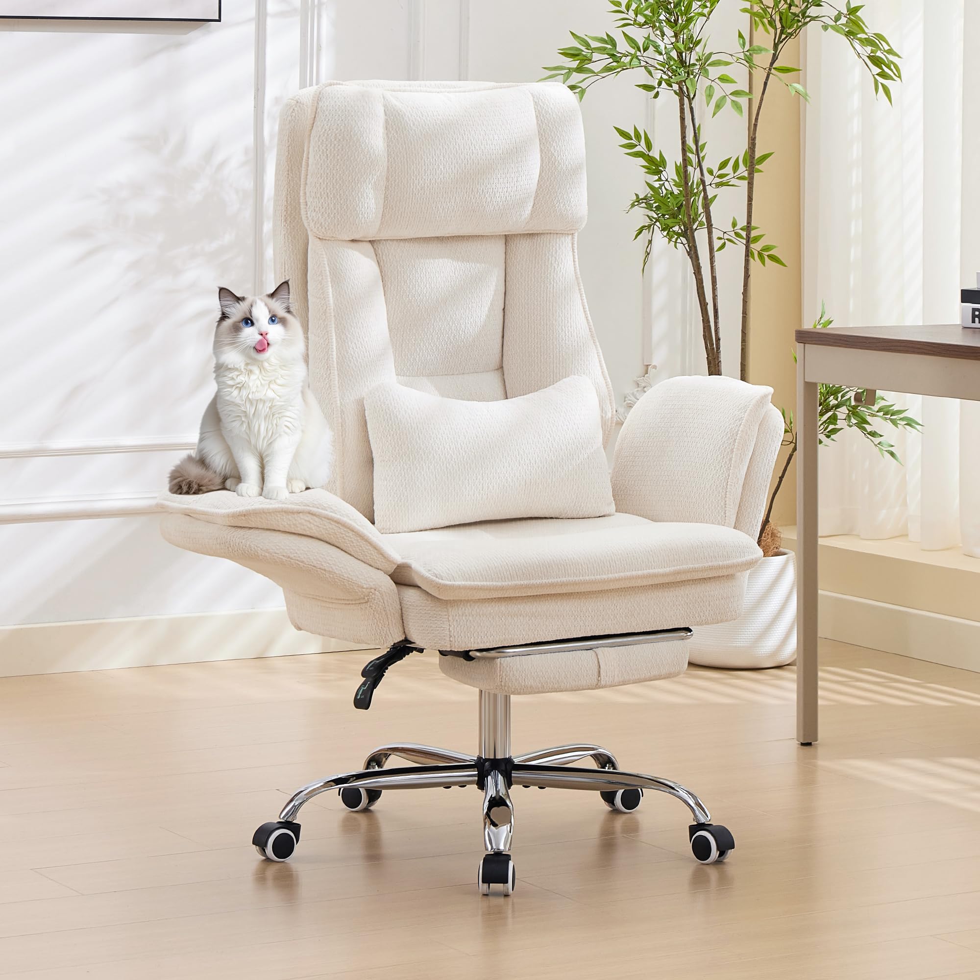 Criss Cross Office Desk Chair with Foot Rest and Flip Armrests for Pets Friendly & Extra Space, Ergonomic Reclining Gaming Computer Chair with Lumbar Pillow(Chenille Fabric Off-White)