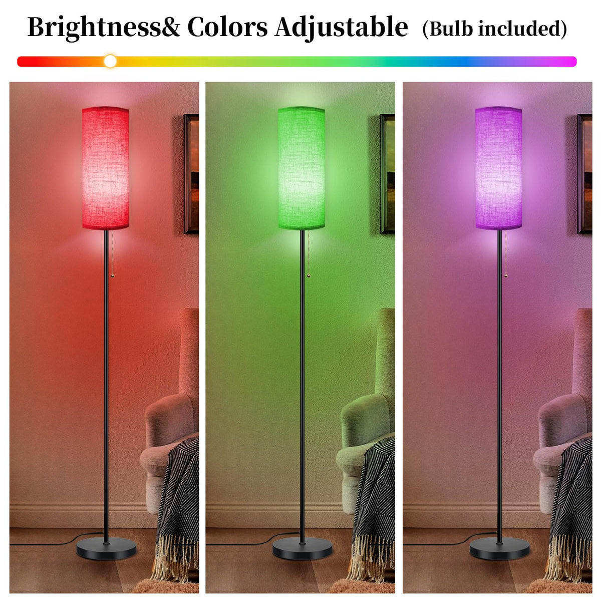 Floor Lamp for Living Room, Modern Standing Lamps with Lampshade, Minimalist Tall Lamp with Chain Switch for Living Room, LED Bulb Included (Beige Shade-RGB Bulb)