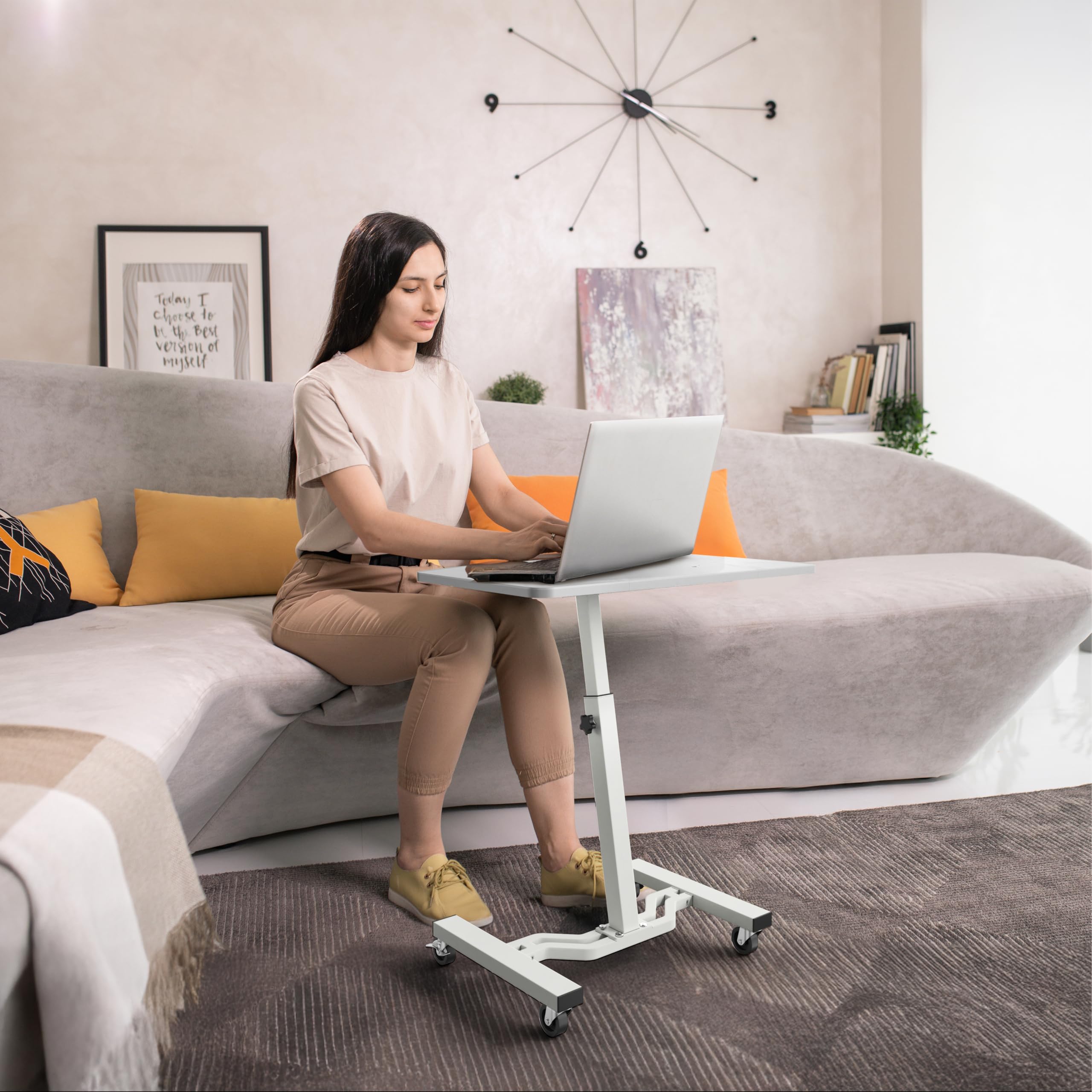 Mobile Height Adjustable Laptop Rolling Cart with Height Adjustment from 28" to 33", White