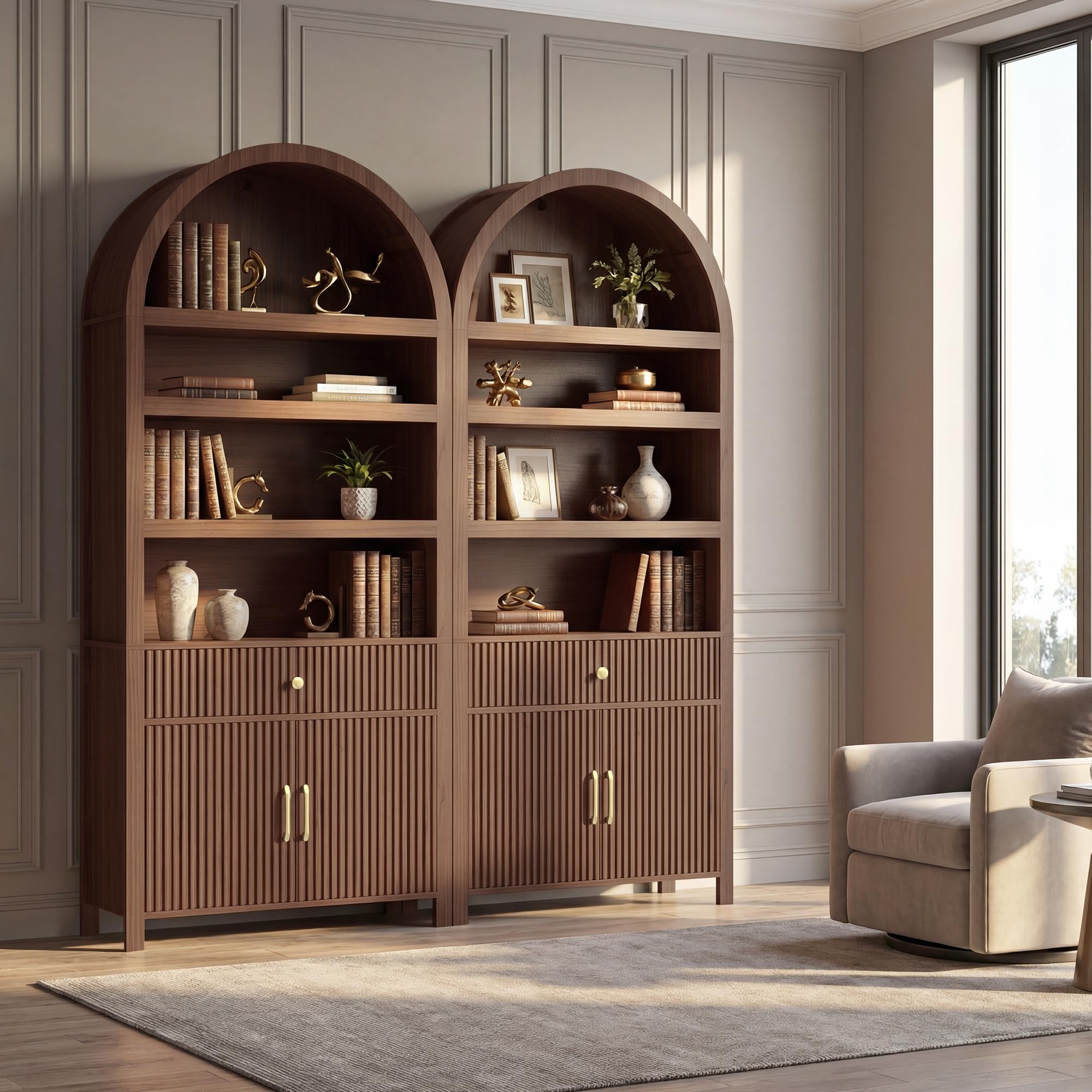 Book Shelf 70" Tall Bookcase with Drawer, 7-Tier Arched Cabinet with Storage and Fluted Door, Mid-Century Modern Modular Arch Bookshelf for Office Living Room Bedroom Library (Walnut, 2)