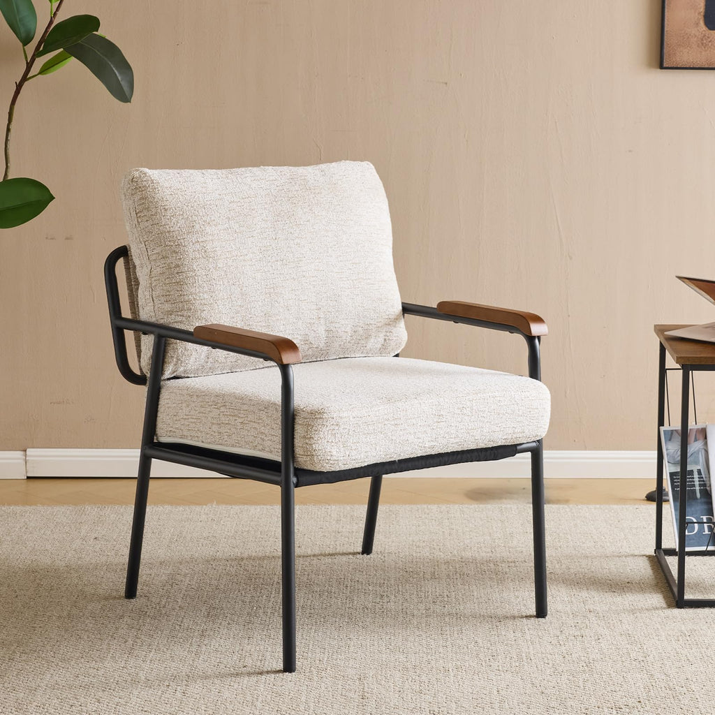 Mid-Century Modern Accent Armchair for Office, Small Comfy Upholstered Leisure Reading Chair with Wood Armrest for Office, Bedroom, Living Room, Waiting Room, Linen Beige