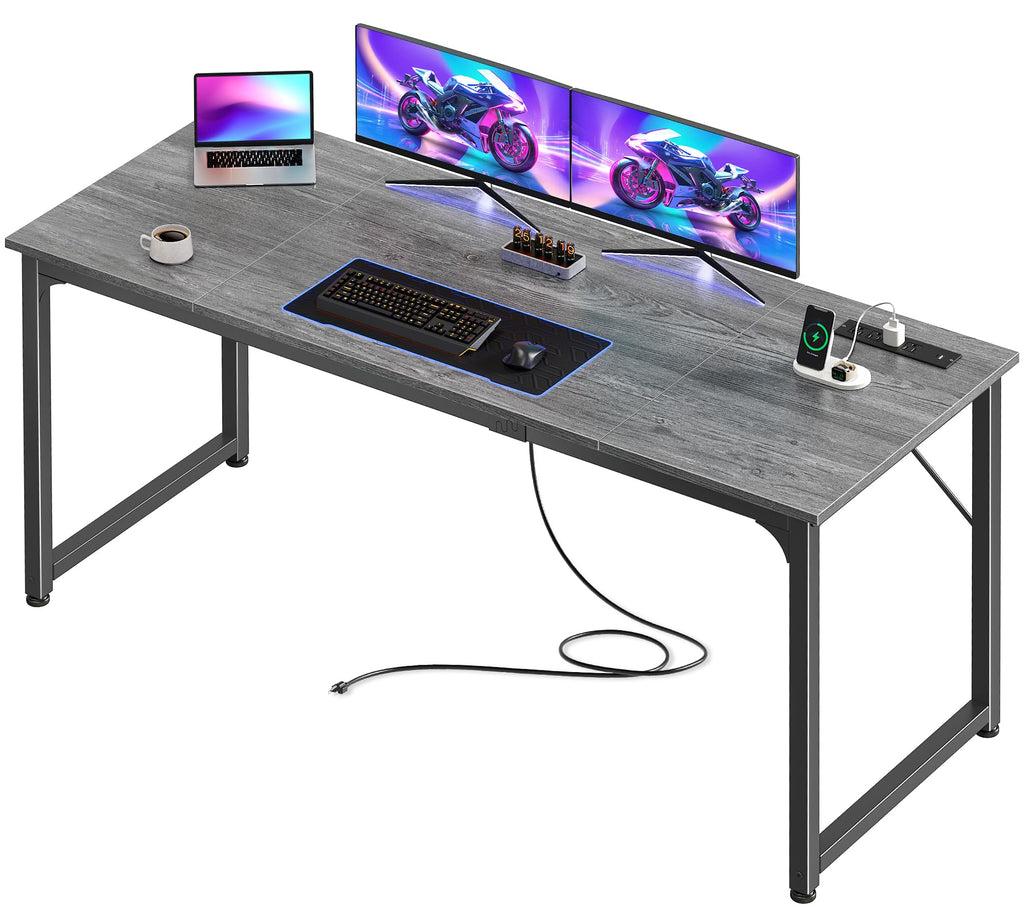 63 X 24 Inch Office Computer Desk with Power Outlets and USB-C Port, Larger and Longer Gaming Desk, for Home Office, Study, Writing Work from Home Table, Metal Frame, Grey