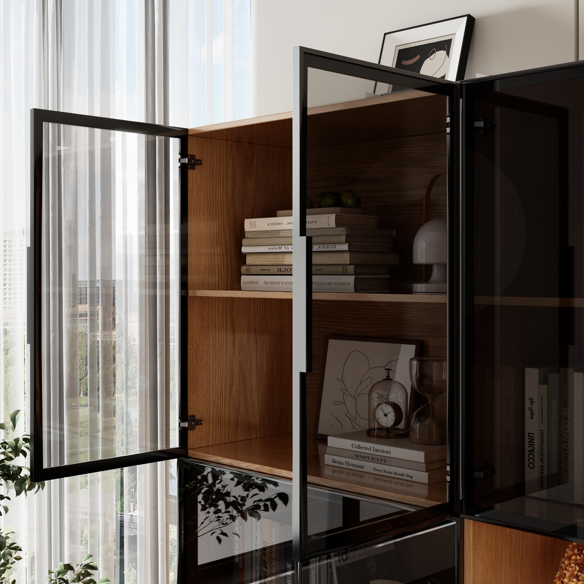 78.7" H Tall Bookcase Storage Cabinet with LED Lights and Drawers, 5 Tier Wood Storage Shelves with Glass Doors, Expandable Bookshelf Display Cabinet for Living Room, Home Office (A+C+B)
