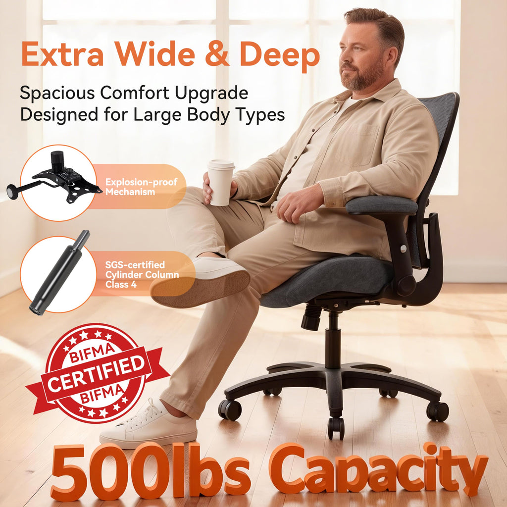 Big and Tall Office Chair 500lbs Heavy Duty Ergonomic Mesh Desk Chair with 23.6" Extra Wide Seat, 29.5" High Back, Adjustable Lumbar Support & Flip-Up Arms for Large Body Types (Dark Gray)