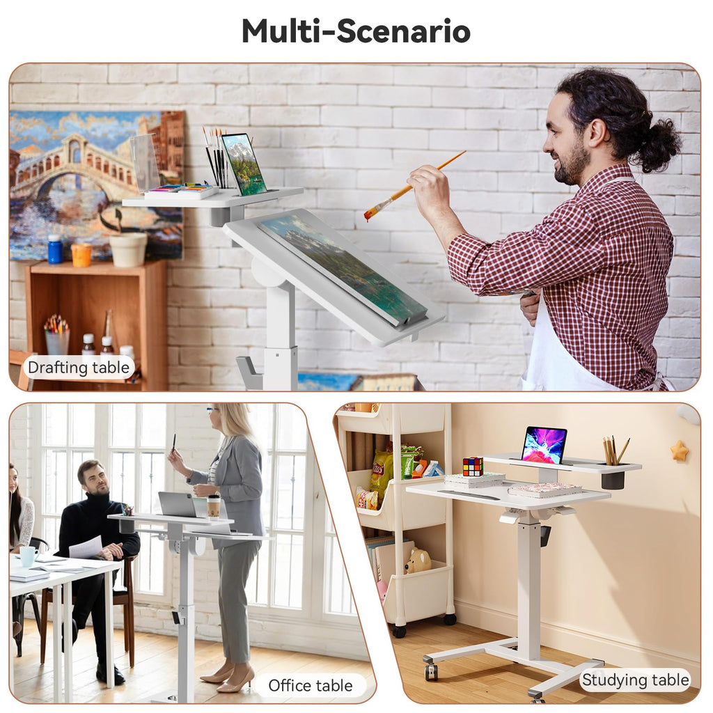 28Inch Mobile Standing Desk On Wheels， Rolling Laptop Stand with Tiltable Desktop， Small Computer Workstation Adjustable Height， 2-Tier Portable Study Table with Storage Shelves， White