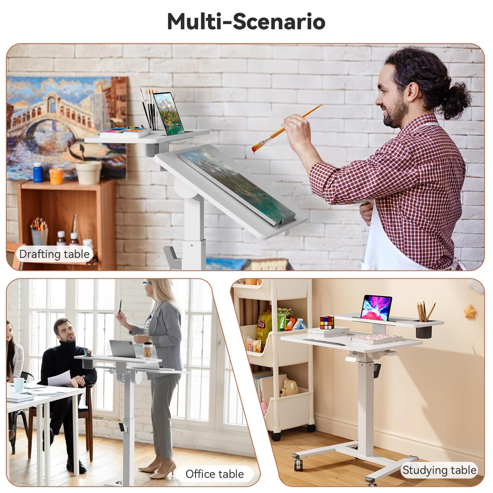28Inch Mobile Standing Desk On Wheels， Rolling Laptop Stand with Tiltable Desktop， Small Computer Workstation Adjustable Height， 2-Tier Portable Study Table with Storage Shelves， White