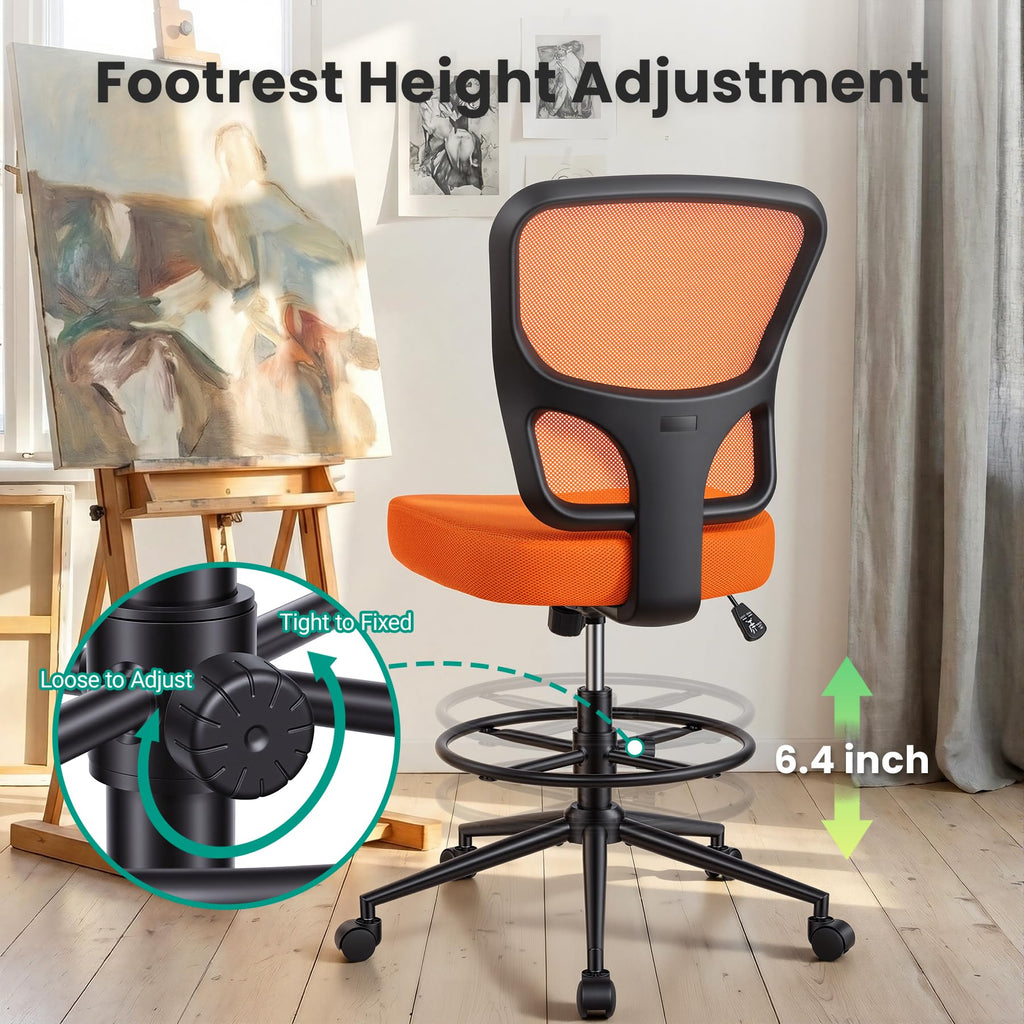 Armless Drafting Chair Tall Office Chair for Standing Desk - Adjustable Height Mesh Ergonomic Drafting Stool with Foot Ring & Wheels, Rolling Counter Height Computer Chair for Home Office