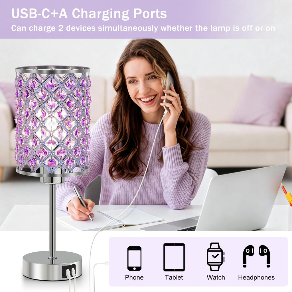 Crystal Table Lamp, Purple Touch Lamp with USB C+A Port, 3-Way Dimmable