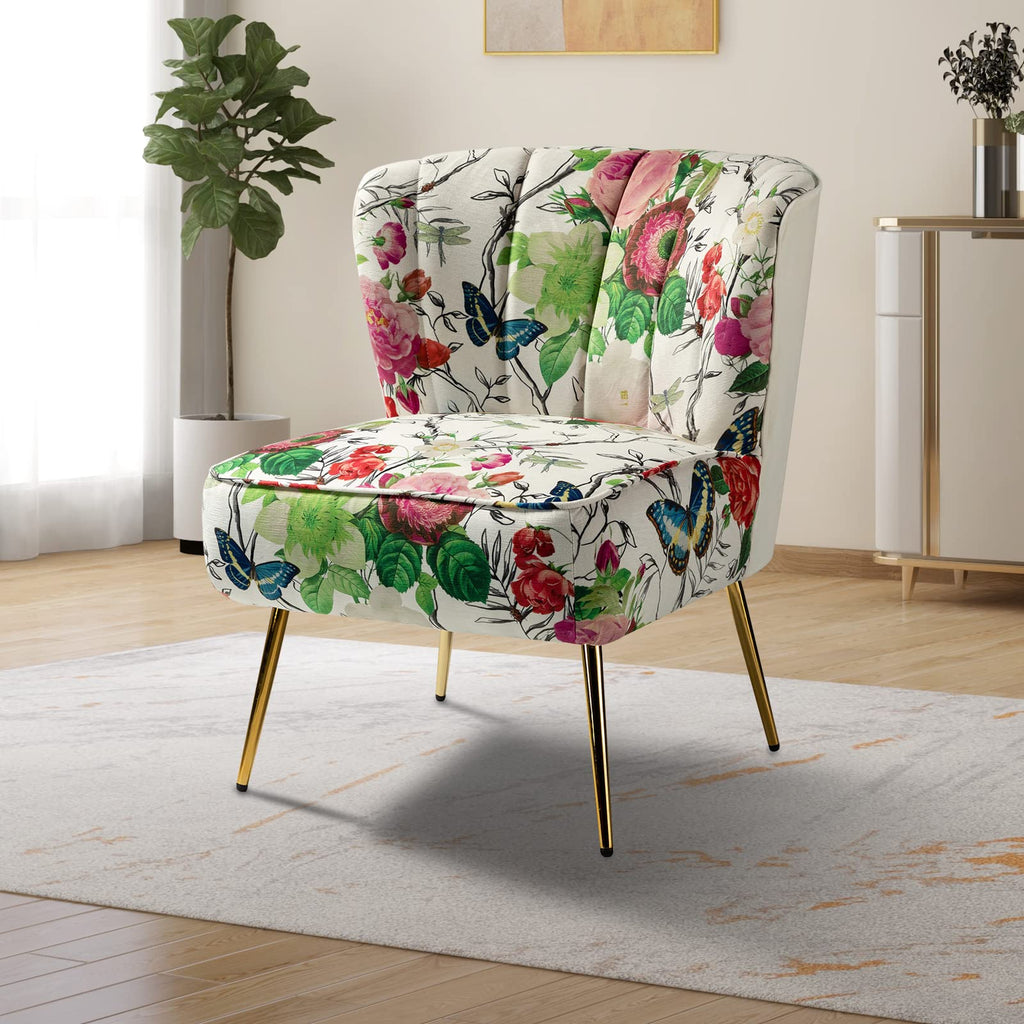 Armless Accent Chair with Gold Metal Legs, Comfy Tufted Floral Fabric Living Room Chair Wingback Small Side Chair, Upholstered Slipper Chair for Bedroom, Reading Room (Print Flower, IVORY)
