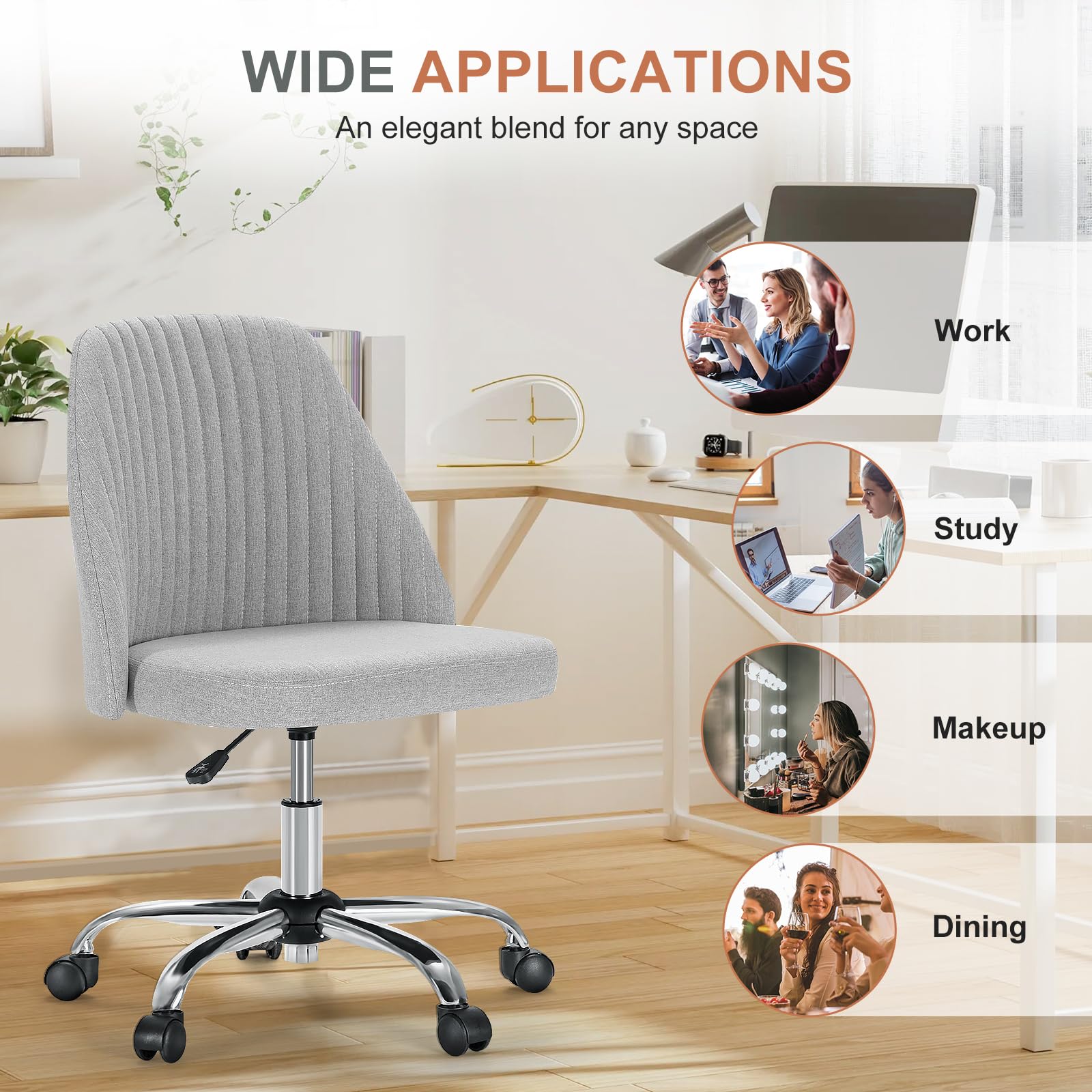 Office Chair, Comfy Desk Chair Rolling Vanity Swivel Task Chairs with Wheels, Wide Seating Armless Height Adjustable Computer Chairs for Home,Bedroom,Student,Adults, Dull Gray