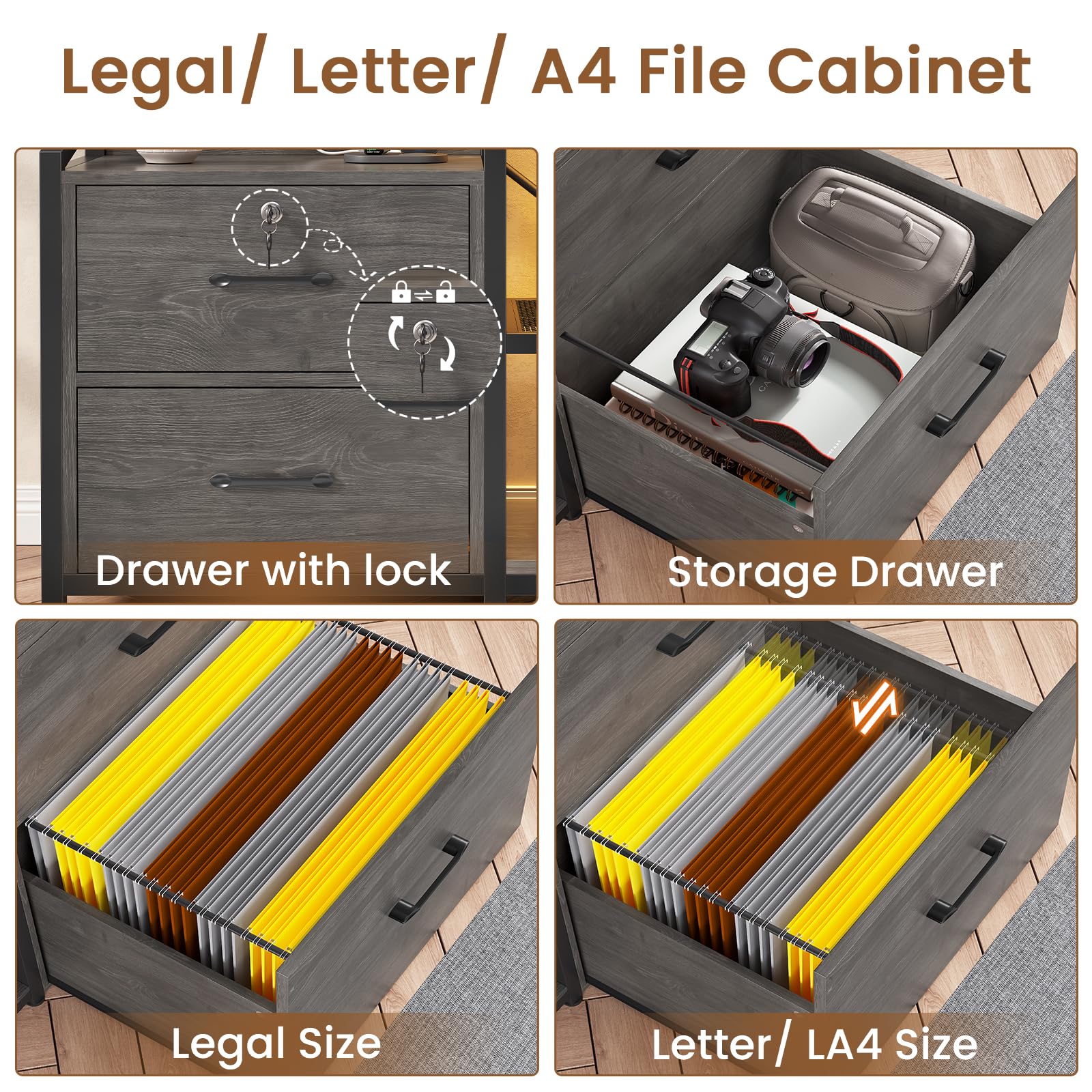 2 Drawer File Cabinet, Filing Cabinet fits Letter Legal, A4 Size, File Cabinets for Home Office with Lock, Power Strip, LED Lights and Open Shelf, Grey