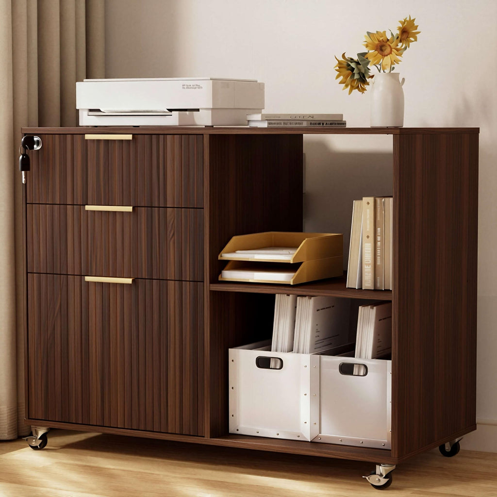 3 Drawer Fluted Mobile Filing Cabinet with Lock, Lateral Rolling Under Desk File Cabinet, Wooden Printer Stand Table for Home Office Essentials Storage Organization Furniture Letters/A4(Walnut)