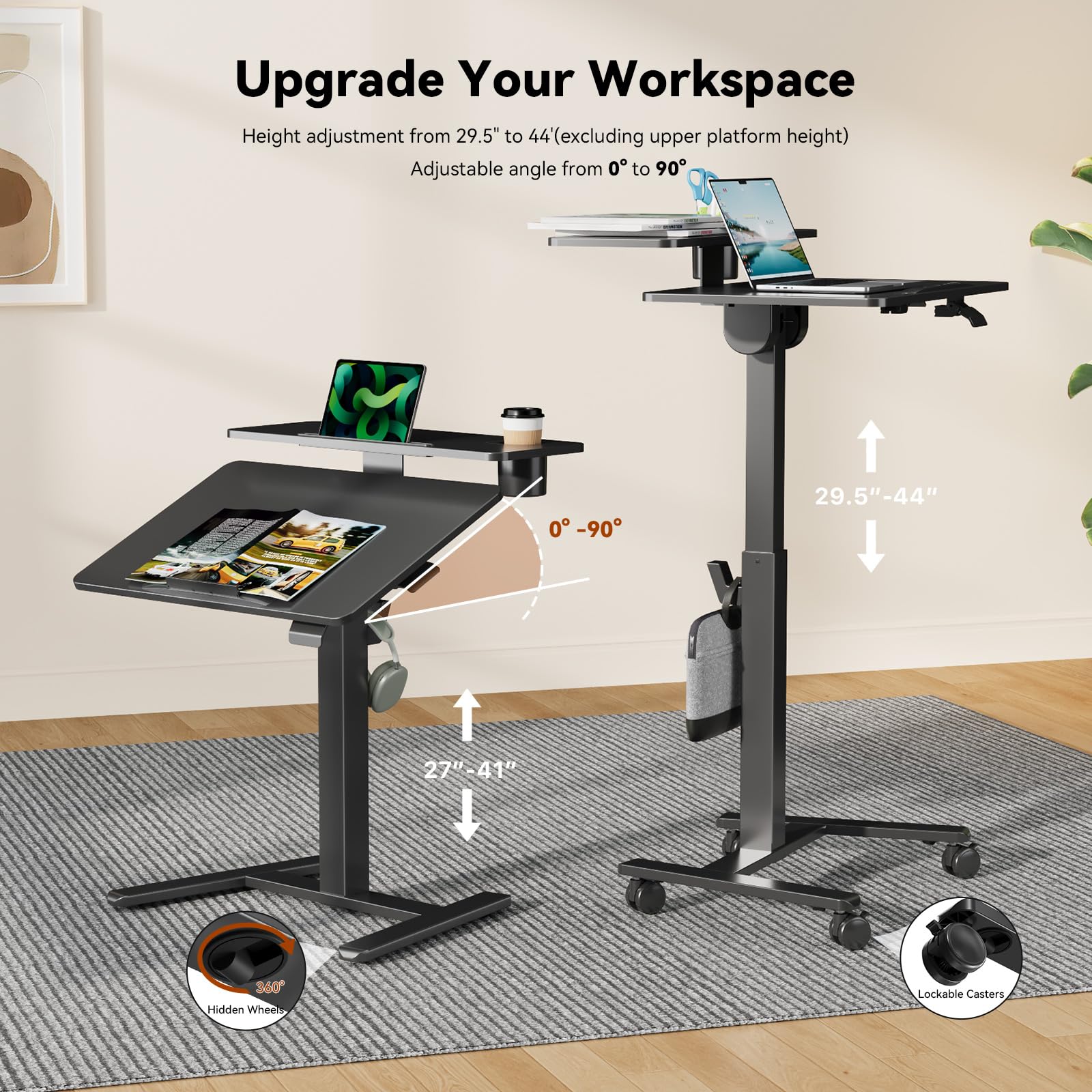 28Inch Rolling Standing Desk On Wheels， Small Computer Workstation Adjustable Height， Mobile Laptop Stand with Tiltable Desktop， 2-Tier Portable Study Table with Storage Shelves， Black