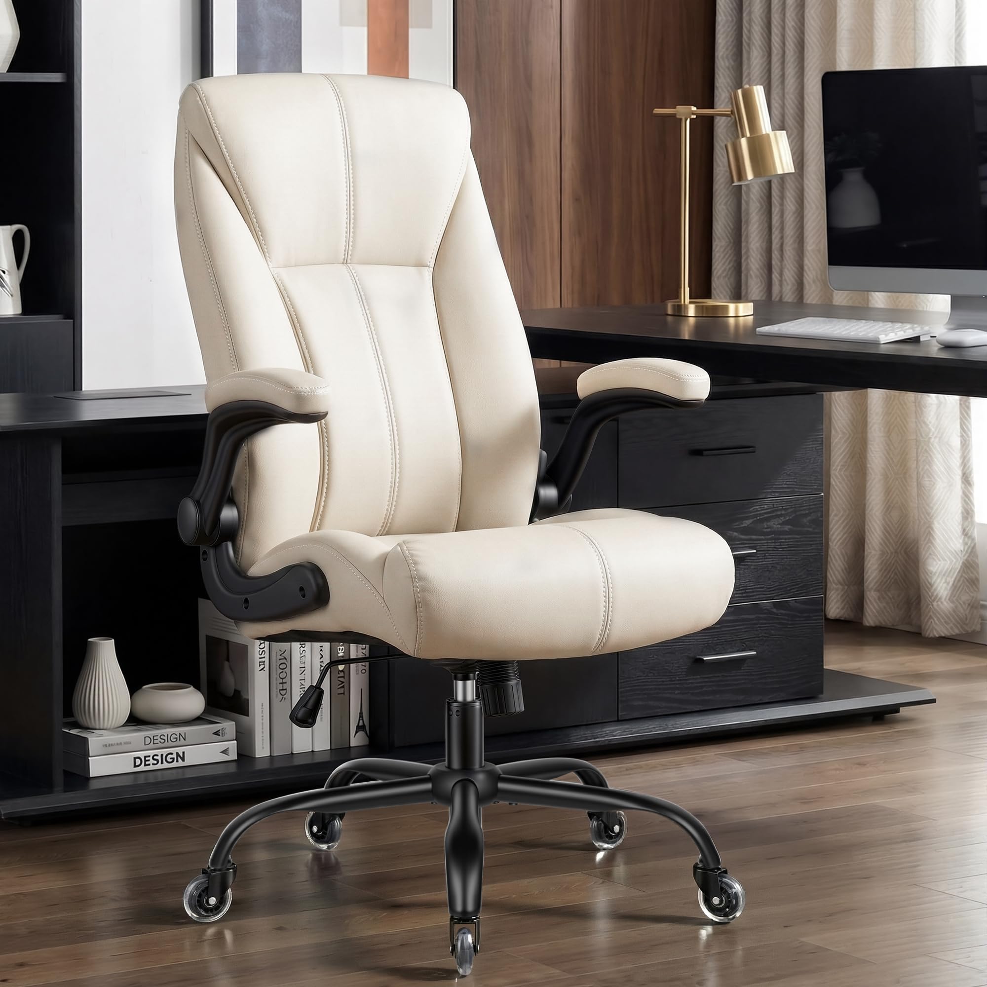 Big and Tall Office Chair for Heavy People, 500LBS High Back Extra Wide Executive PU Leather Office Chair with Flip-Up Armrests, Quiet Rubber Wheels, Comfortable Home Office Desk Chair (White)