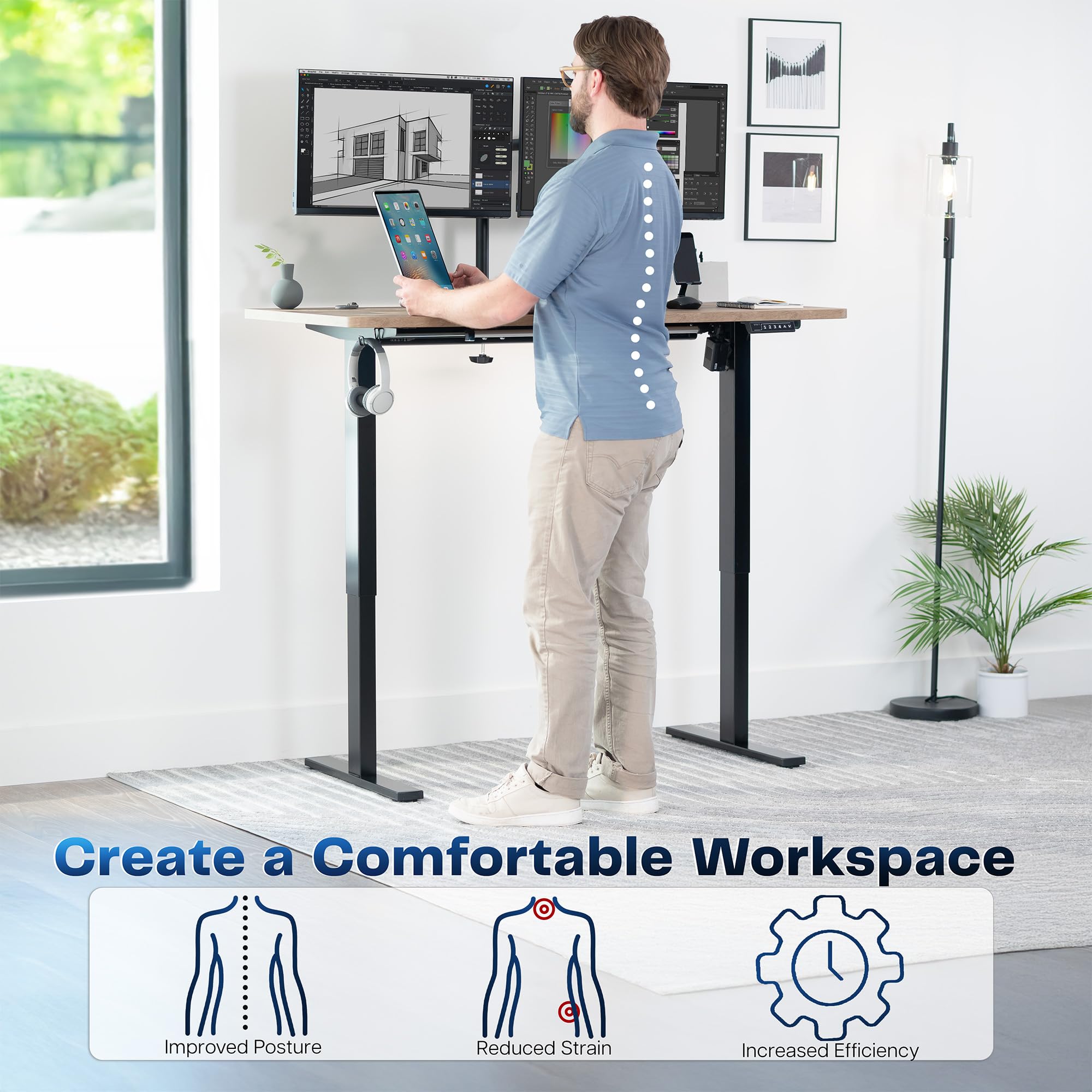 Electric 55 x 28 in Standing Desk, Memory Height Adjustment, 1B Series, Holds 220 lbs, One-Piece Reclaimed Wood Top, Black Frame