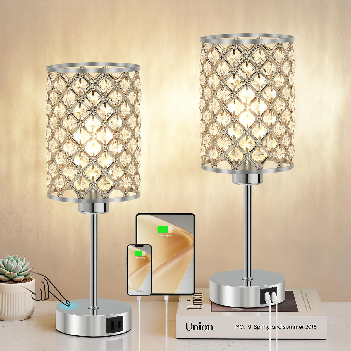 Silver Crystal Bedside Table Lamps Set of 2 with USB C+A Ports