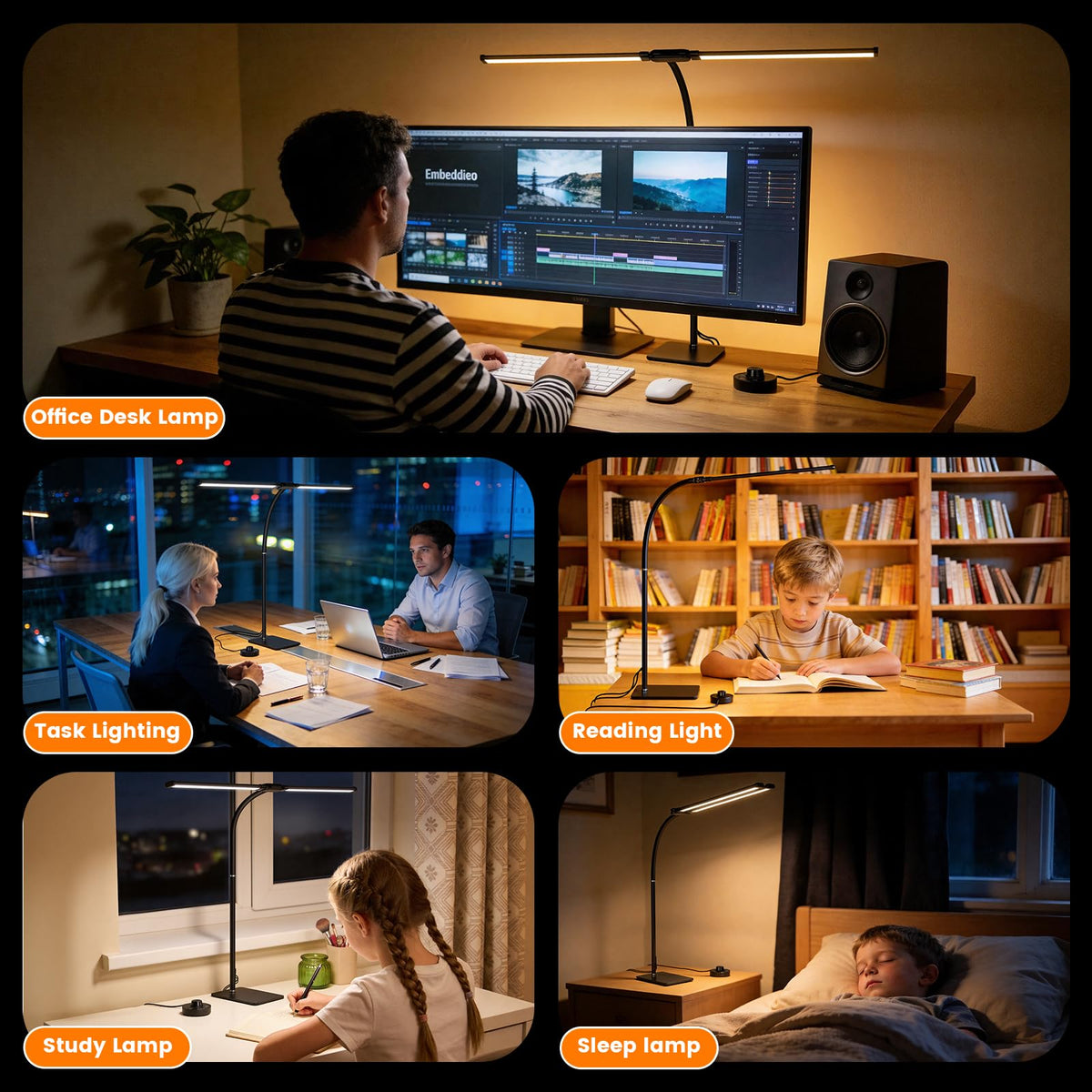 Desk Lamp for Home Office,Adjustable Double Head Desk Light with Base Black