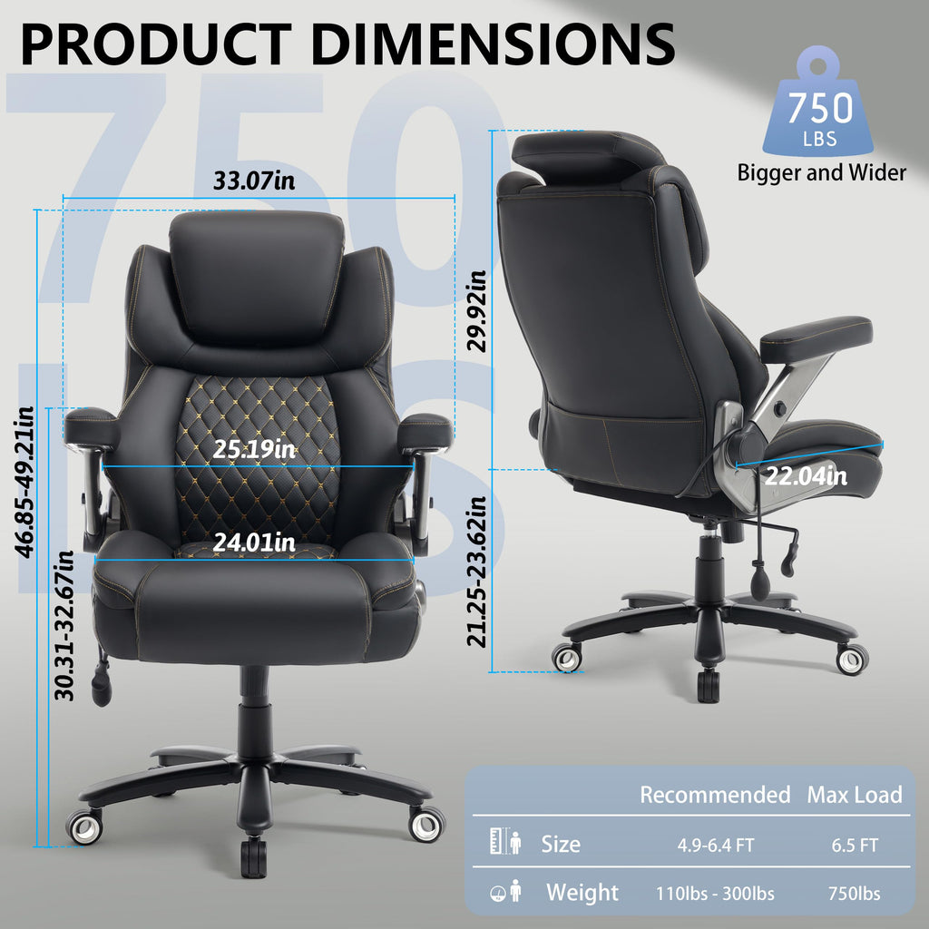 Big and Tall Office Chair 750lbs, Executive Office Chair with Adjustable Headrest&Lumbar Airbag Support, PU Leather High Back Heavy Duty Desk Chair 5D Flip Arms, Ergonomic Thick Spring Cushion, Black