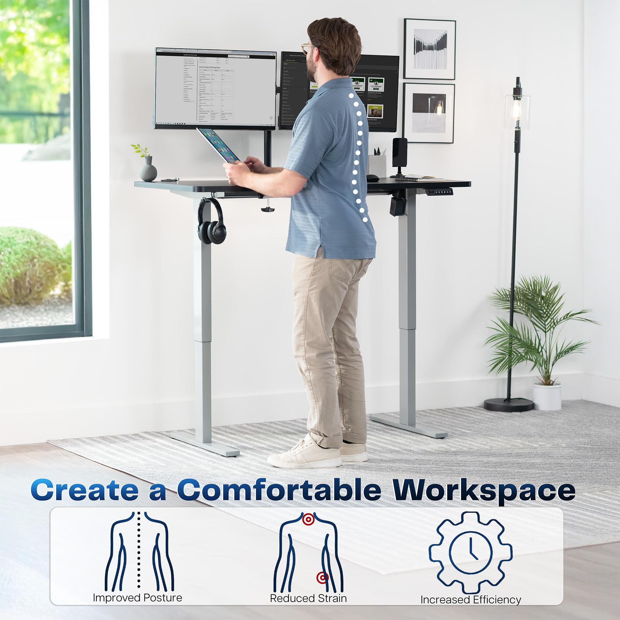 Electric 55 x 28 in Standing Desk, Memory Height Adjustment, 1B Series, Holds 220 lbs, One-Piece Black Top, Gray Frame