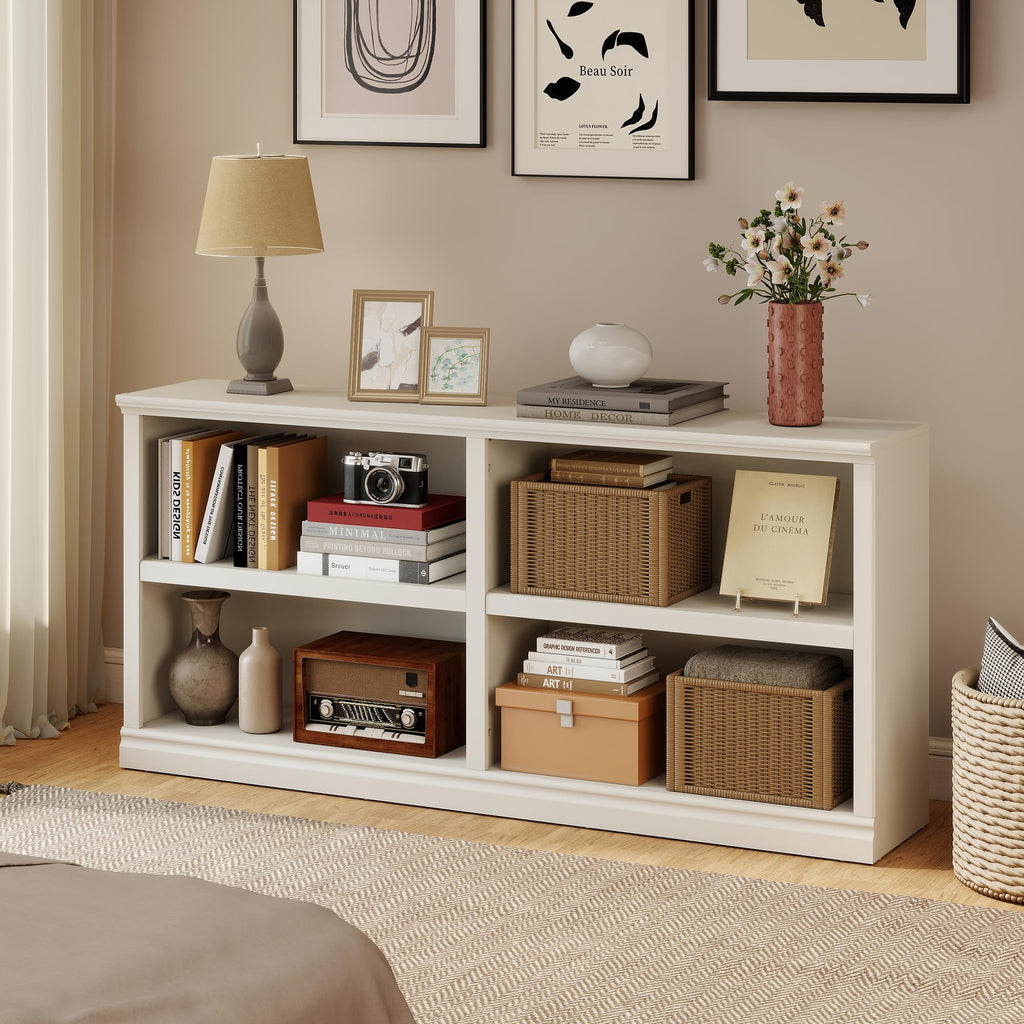 64" W Double Wide Horizontal Bookshelf, 2 Tiers 4 Storage Cube Book Case