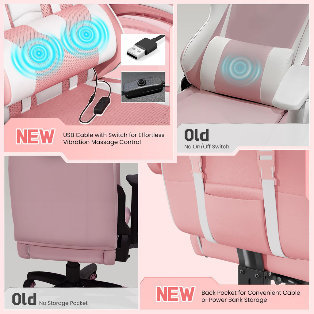 Gaming Chair, Video Game Chair with Massage Lumbar Support and Footrest Height Adjustable Ergonomic Computer Chair with Swivel Seat and Headrest, Pink/White