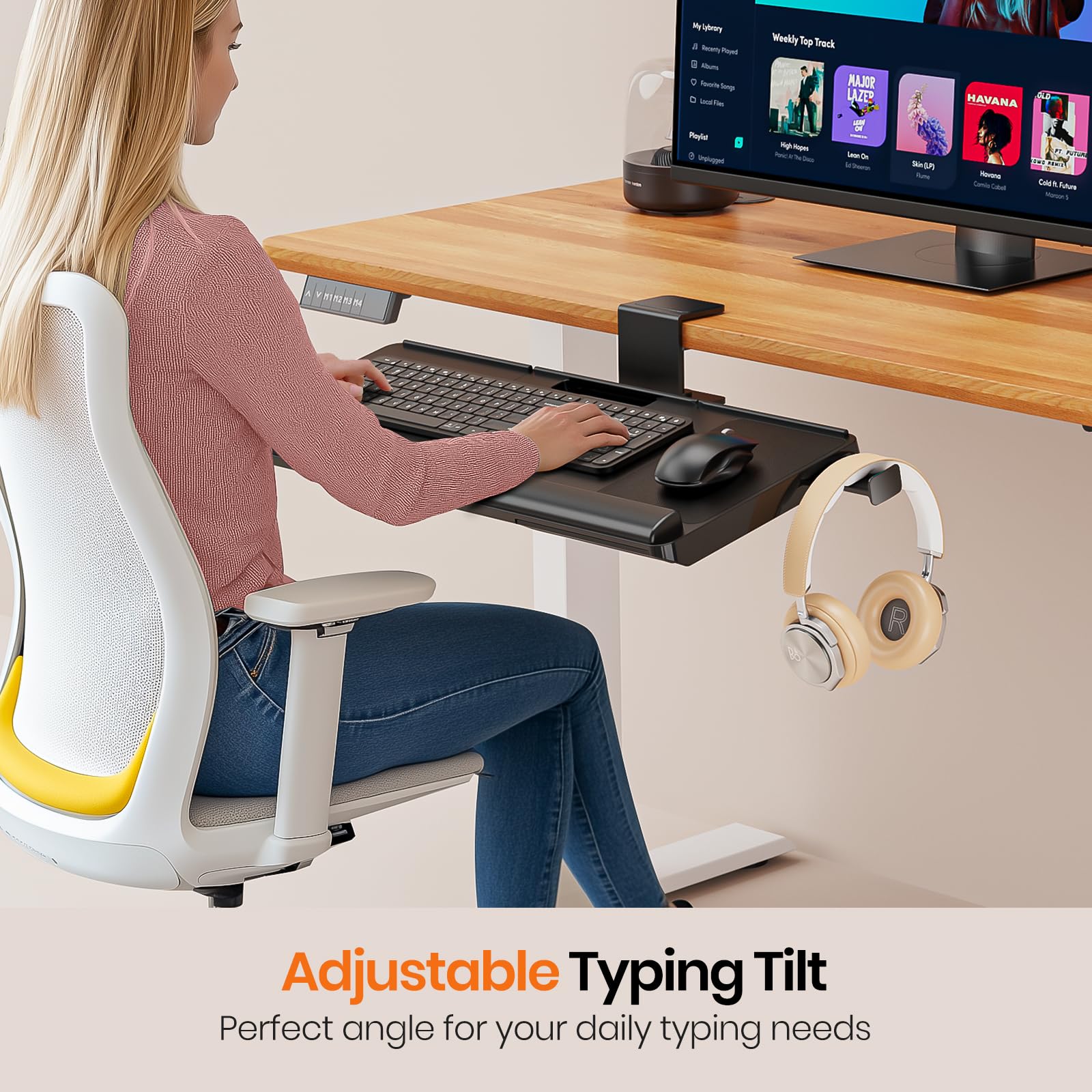 Keyboard Tray Under Desk with 360° Rotation, Ergonomic Computer Keyboard & Mouse Tray 25"W×11.02"D Sit Stand Desk Keyboard Holder w/Wrist Rest & Storage Drawer (Height is not Adjustable)