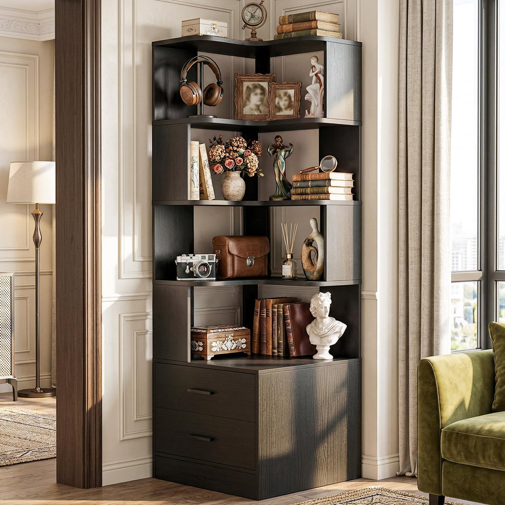 Corner Book Shelf with Drawers, Small Corner Shelf with Drawers
