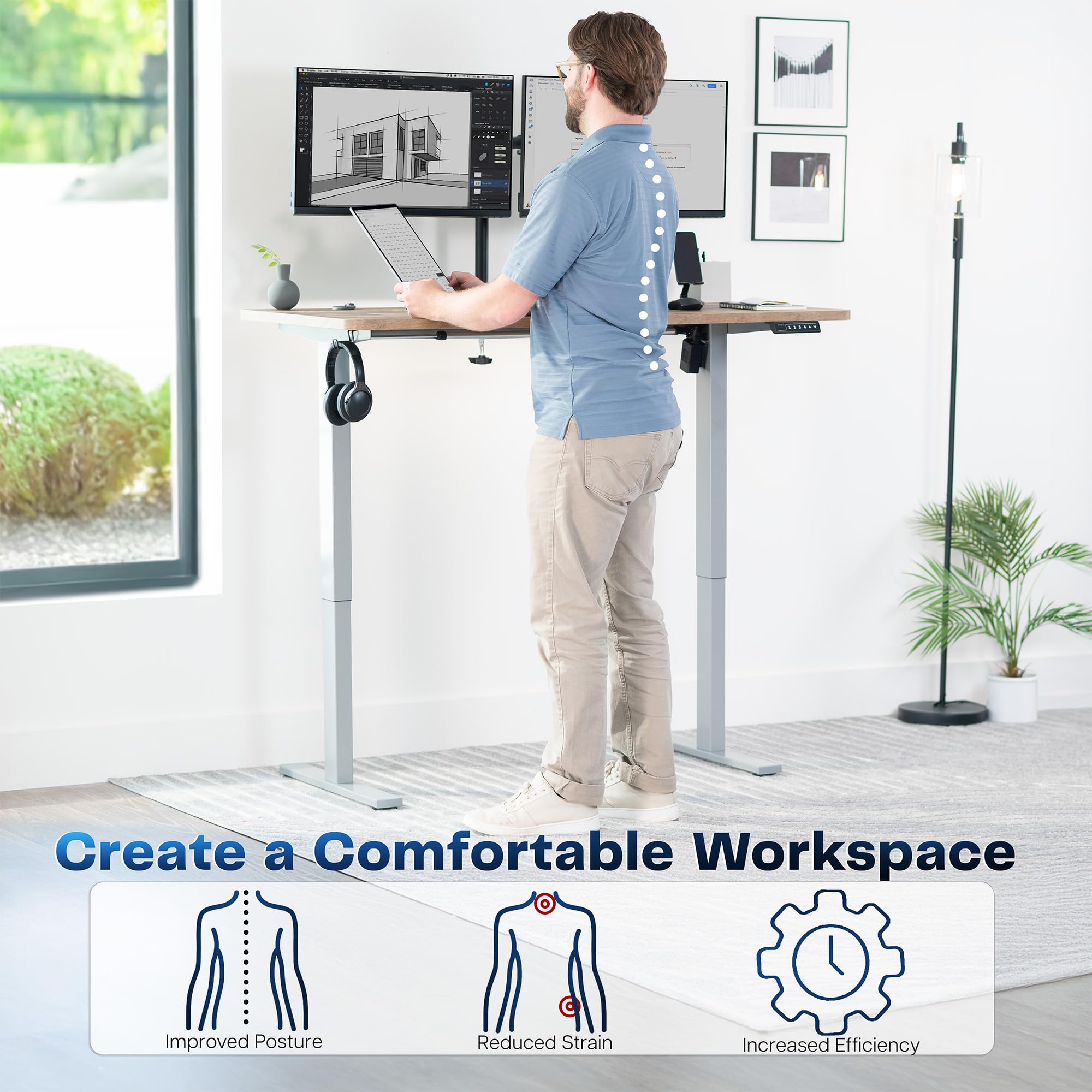 Electric 55 x 28 in Standing Desk, Memory Height Adjustment, 1B Series, Holds 220 lbs, One-Piece Reclaimed Wood Top, Gray Frame