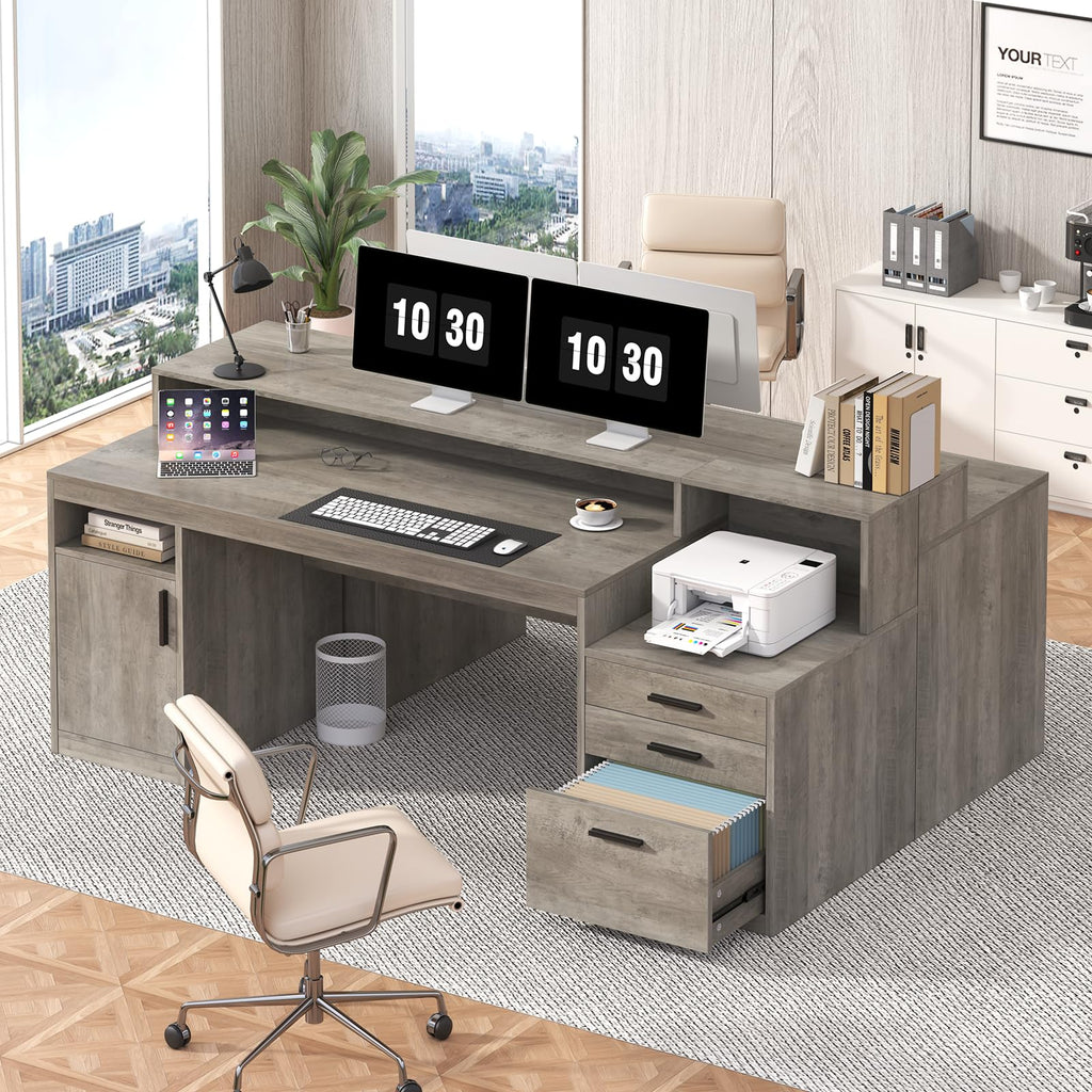 Computer Desk with 3 Drawers & Storage Shelves, 65 Inch Home Office Desk with File Drawer & Cabinet, Writing Study Desks with Monitor Stand & Printer Shelf, Executive Desk, Grey