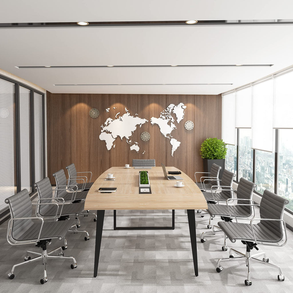 8FT Conference Table, 94.48L x 47.21W x 29.52H Inches Boat Shaped Meeting Table with Rectangle Grommet, Modern Seminar Boardroom Table for Office Conference Room (Light Wood Grain, 8ft)