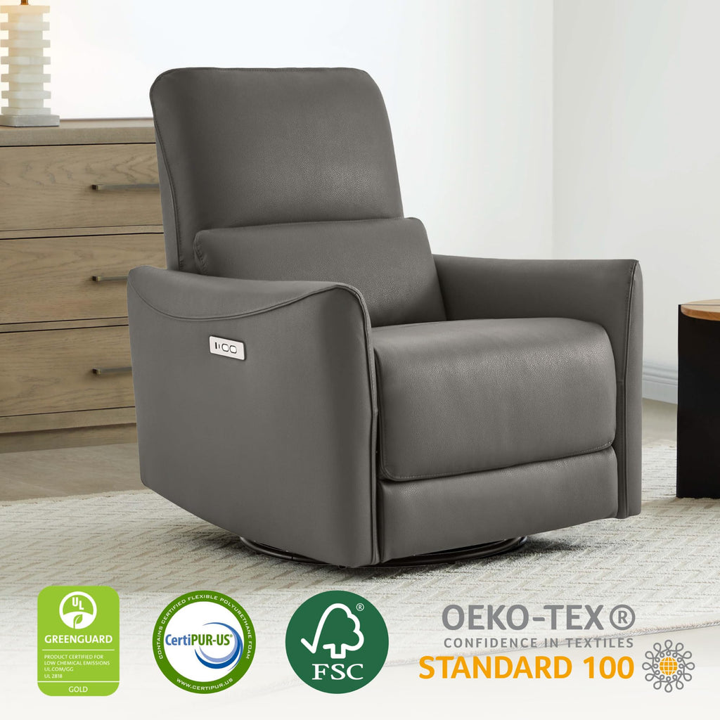 Power Recliner Chair Swivel Glider, FSC Certified Upholstered Faux Leather Living Room Nursery Reclining Sofa Chair with Lumbar Support, Charcoal