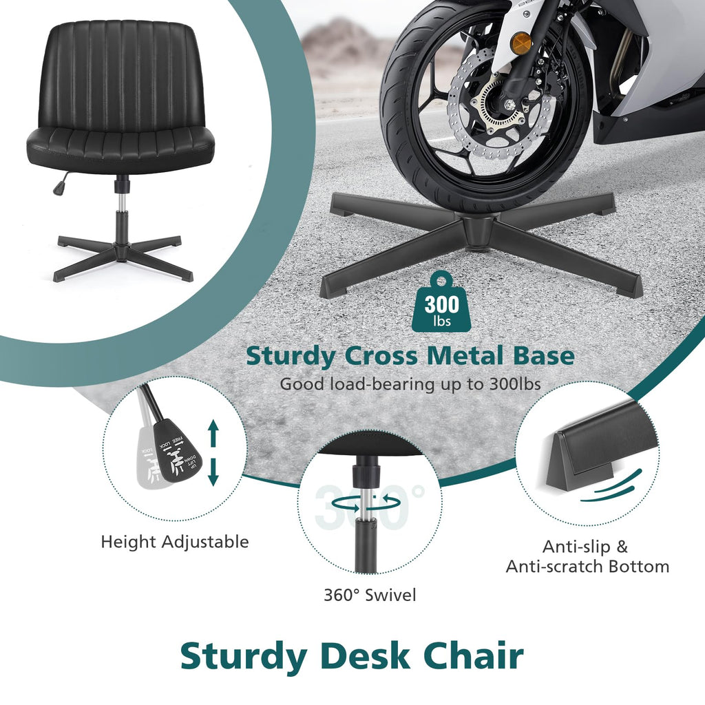 Criss Cross Legged Chairs No Wheels, Wide Seat Height Adjustable Swivel Chair,Padded PU Leather Armless Desk Chair for Home Office Bedroom, Student, Study Room,Black-Pu