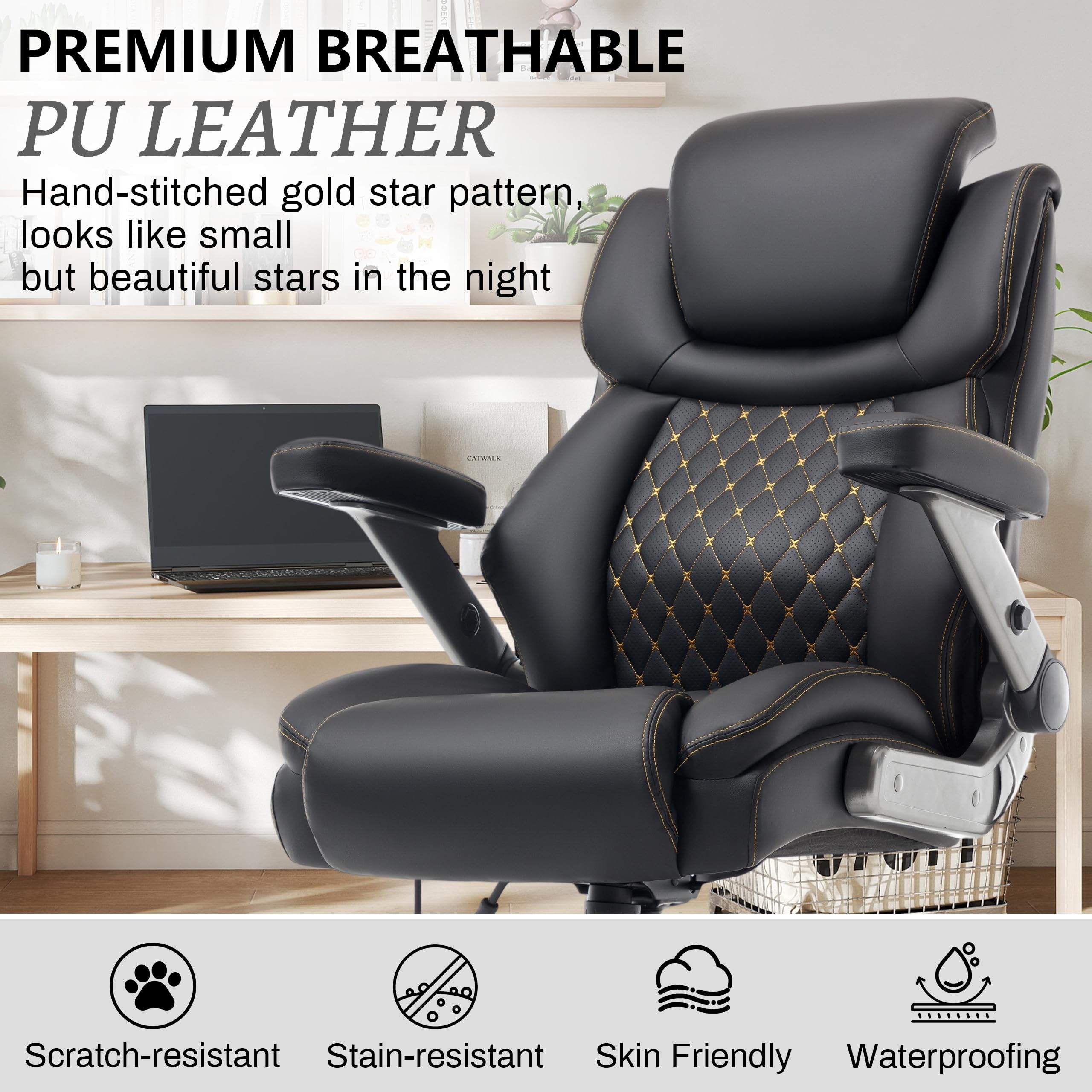 Big and Tall Office Chair 750lbs, Executive Office Chair with Adjustable Headrest&Lumbar Airbag Support, PU Leather High Back Heavy Duty Desk Chair 5D Flip Arms, Ergonomic Thick Spring Cushion, Black